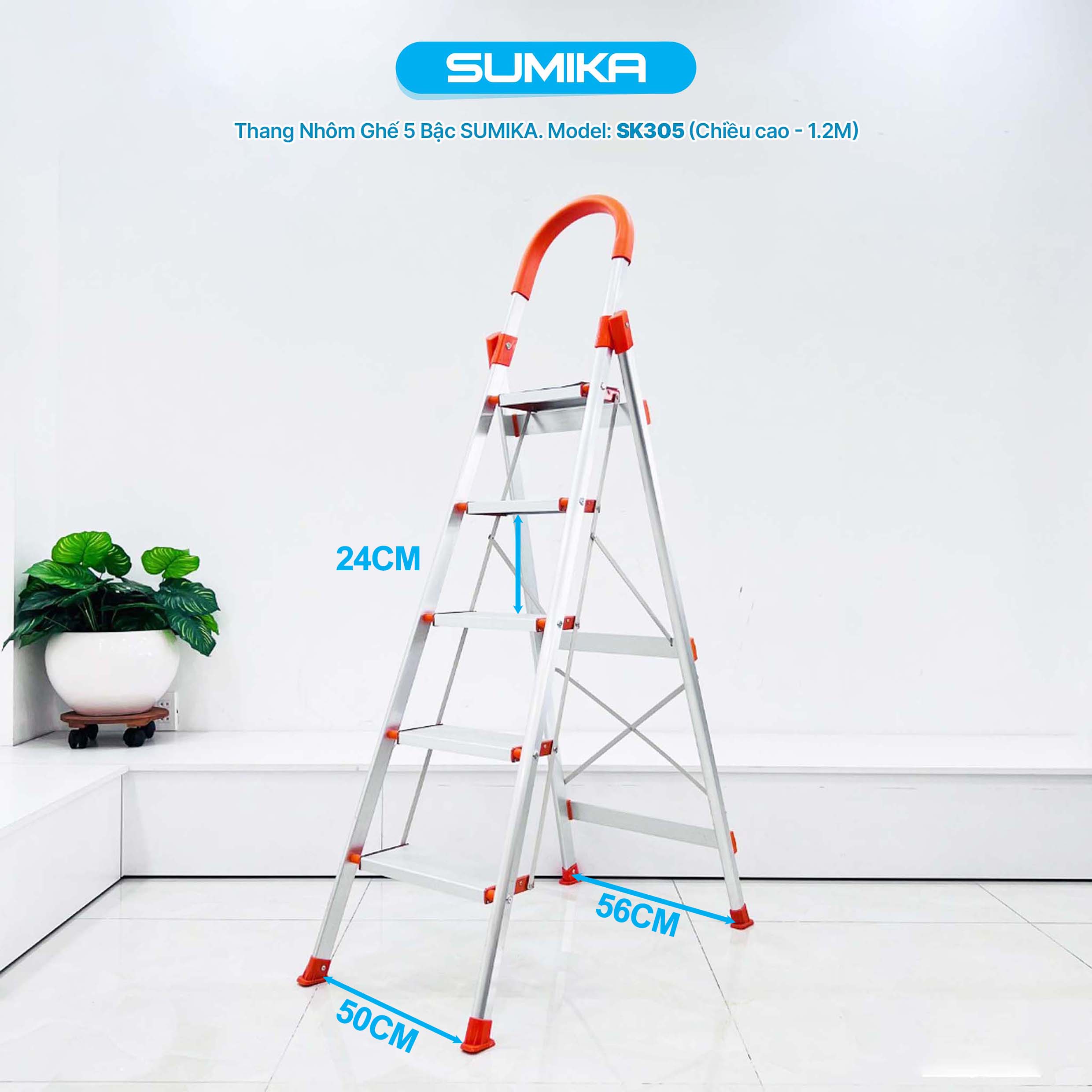 Thang Nhôm Ghế 5 Bậc SUMIKA SK305 - Nhôm T6063, Cao 1.23m, Tải 150kg