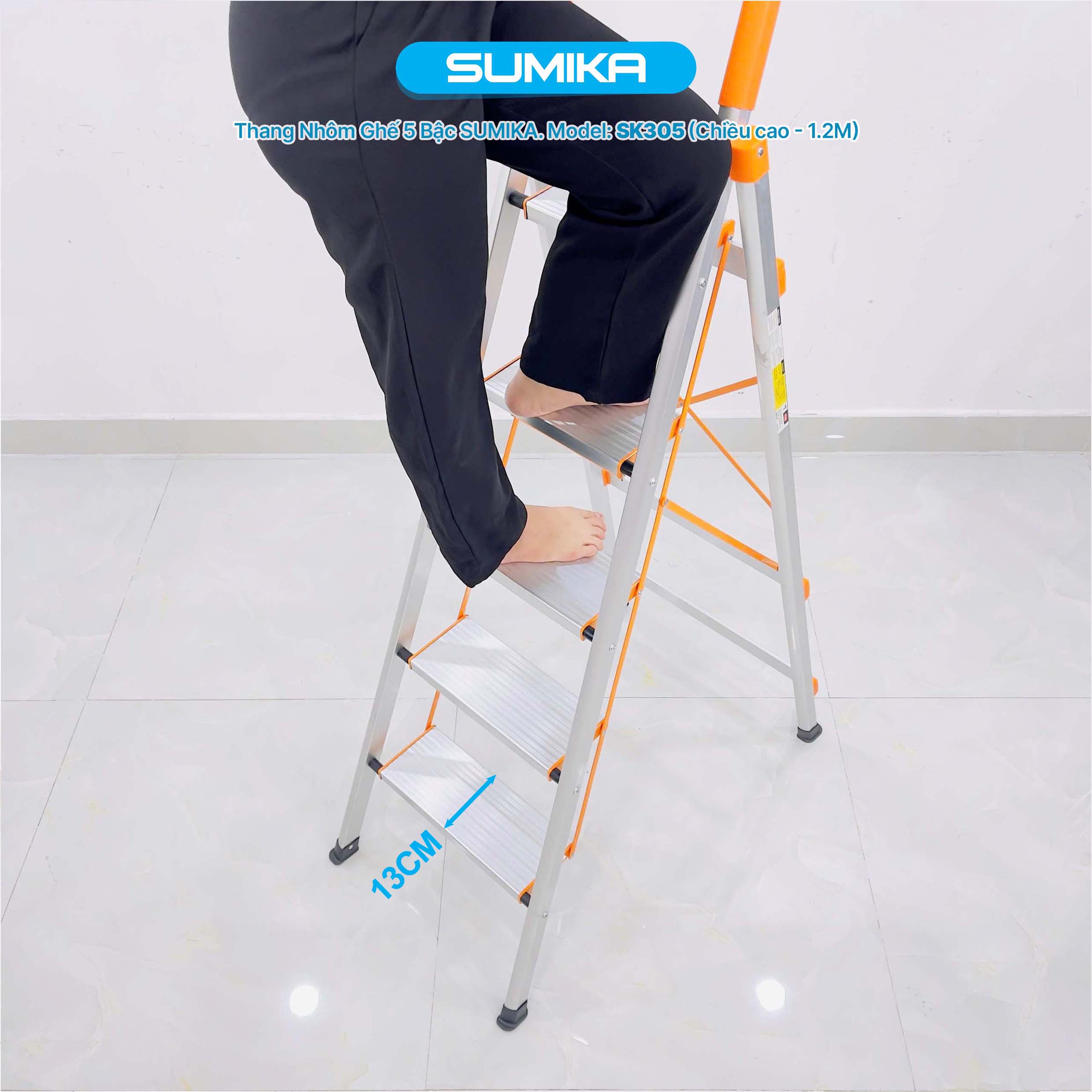 Thang Nhôm Ghế 5 Bậc SUMIKA SK305 - Nhôm T6063, Cao 1.23m, Tải 150kg