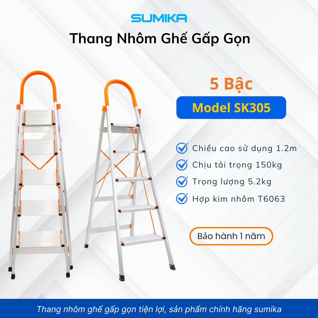 Thang Nhôm Ghế 5 Bậc SUMIKA SK305 - Nhôm T6063, Cao 1.23m, Tải 150kg