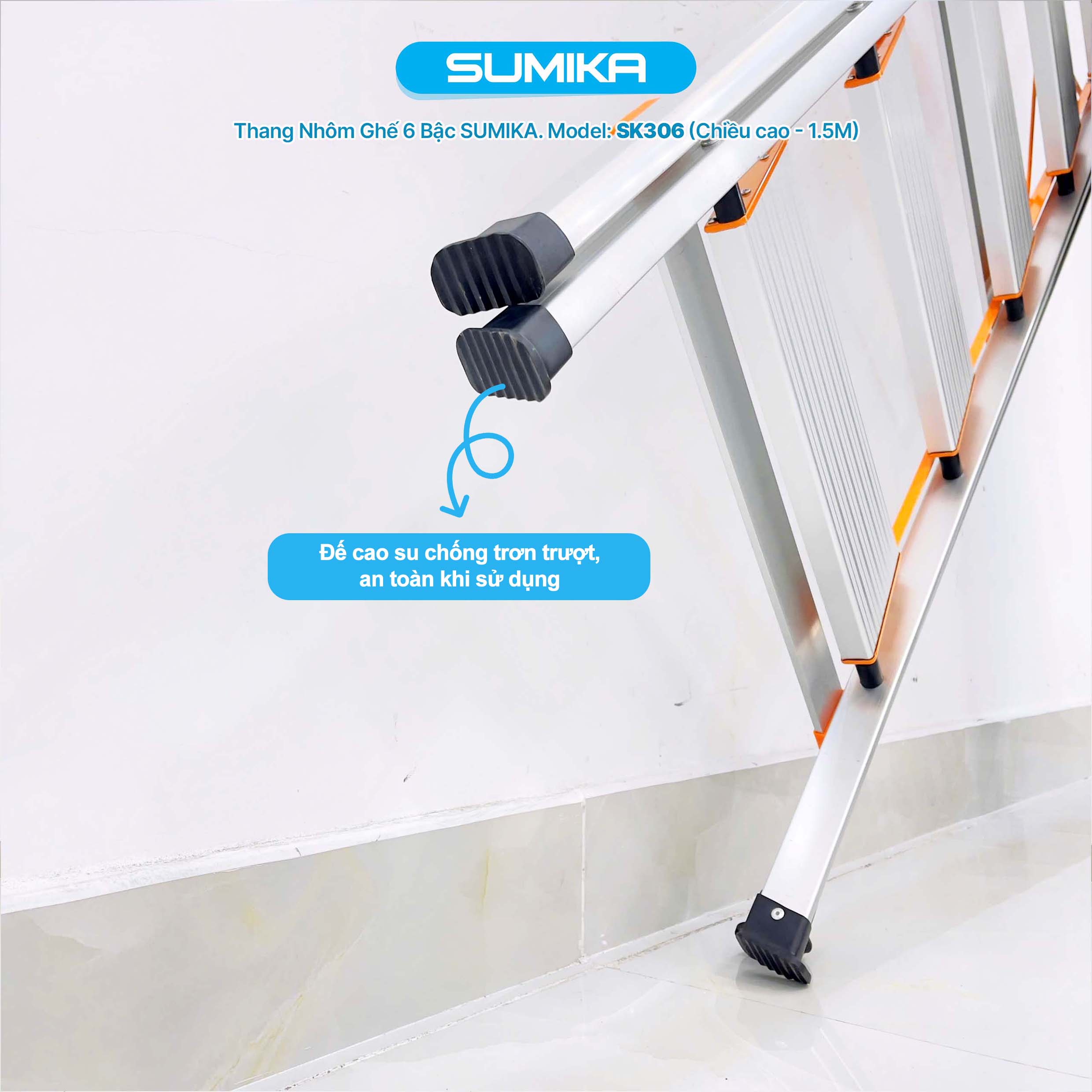 Thang Nhôm Ghế 6 Bậc SUMIKA SK306 - Cao 1.5m, Tải 150kg, Nhôm T6063