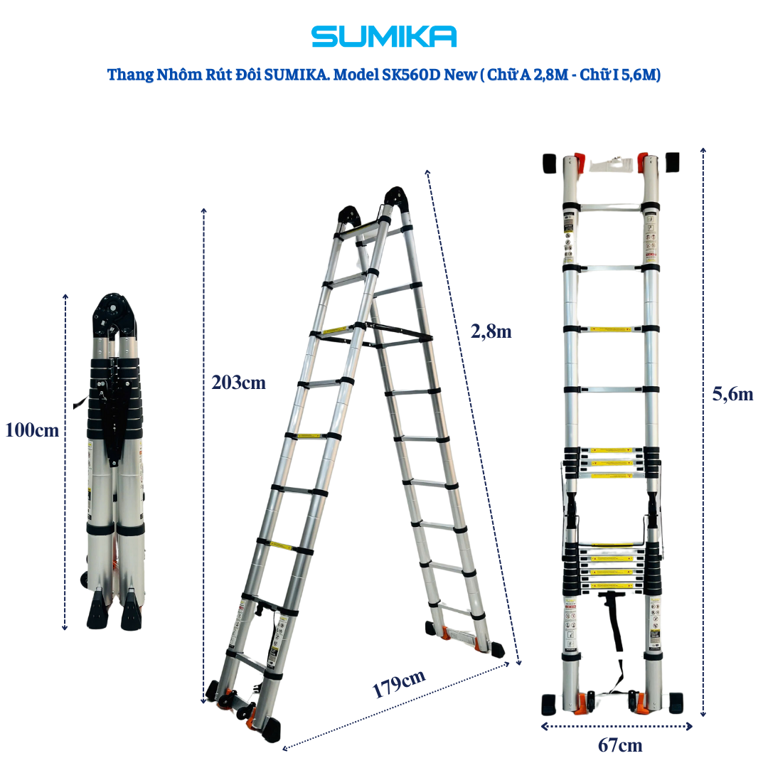 Thang Nhôm Rút Chữ A SUMIKA SK560D NEW - Rút đôi 5.6m, Khóa Tự động, Tải 300kg