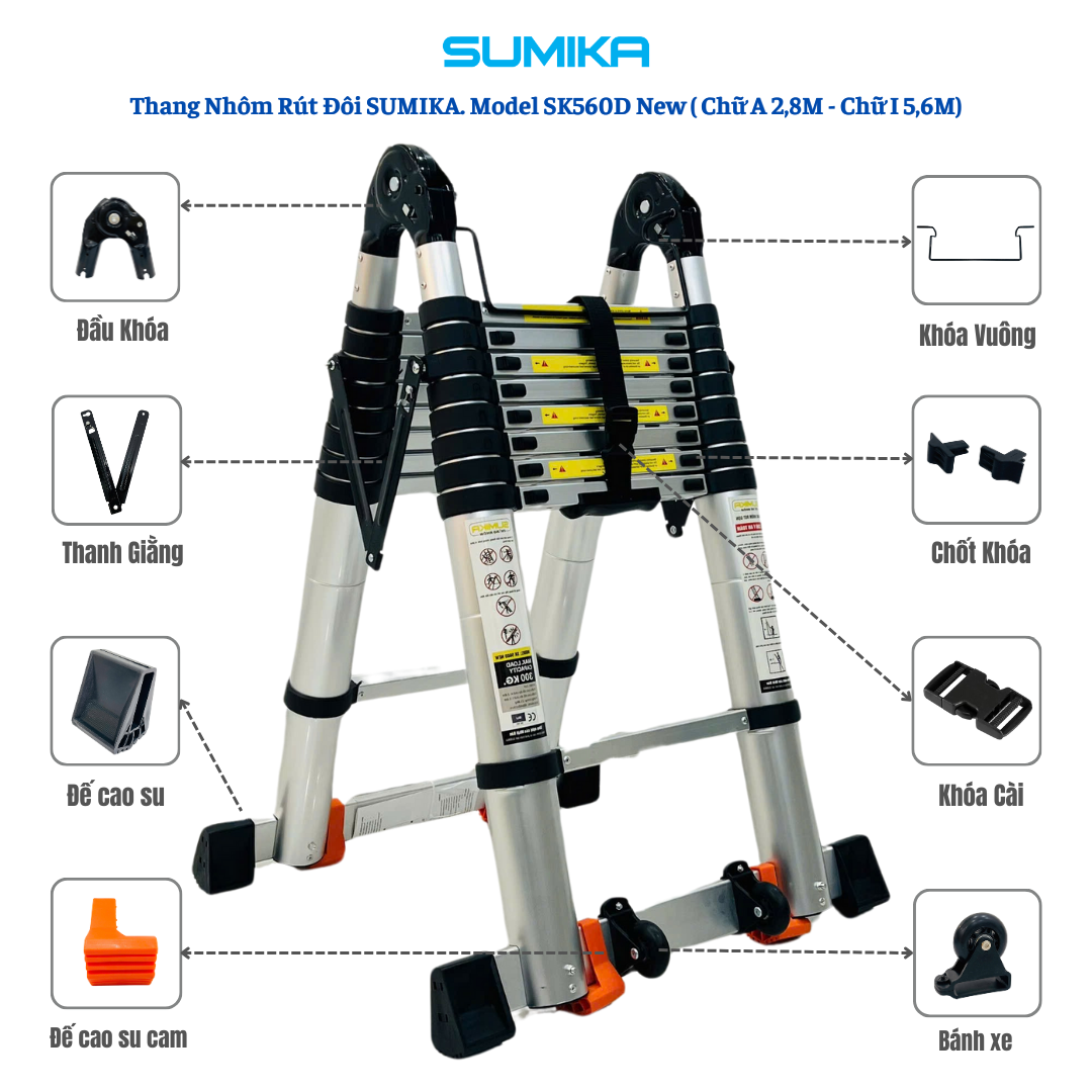 Thang Nhôm Rút Chữ A SUMIKA SK560D NEW - Rút đôi 5.6m, Khóa Tự động, Tải 300kg