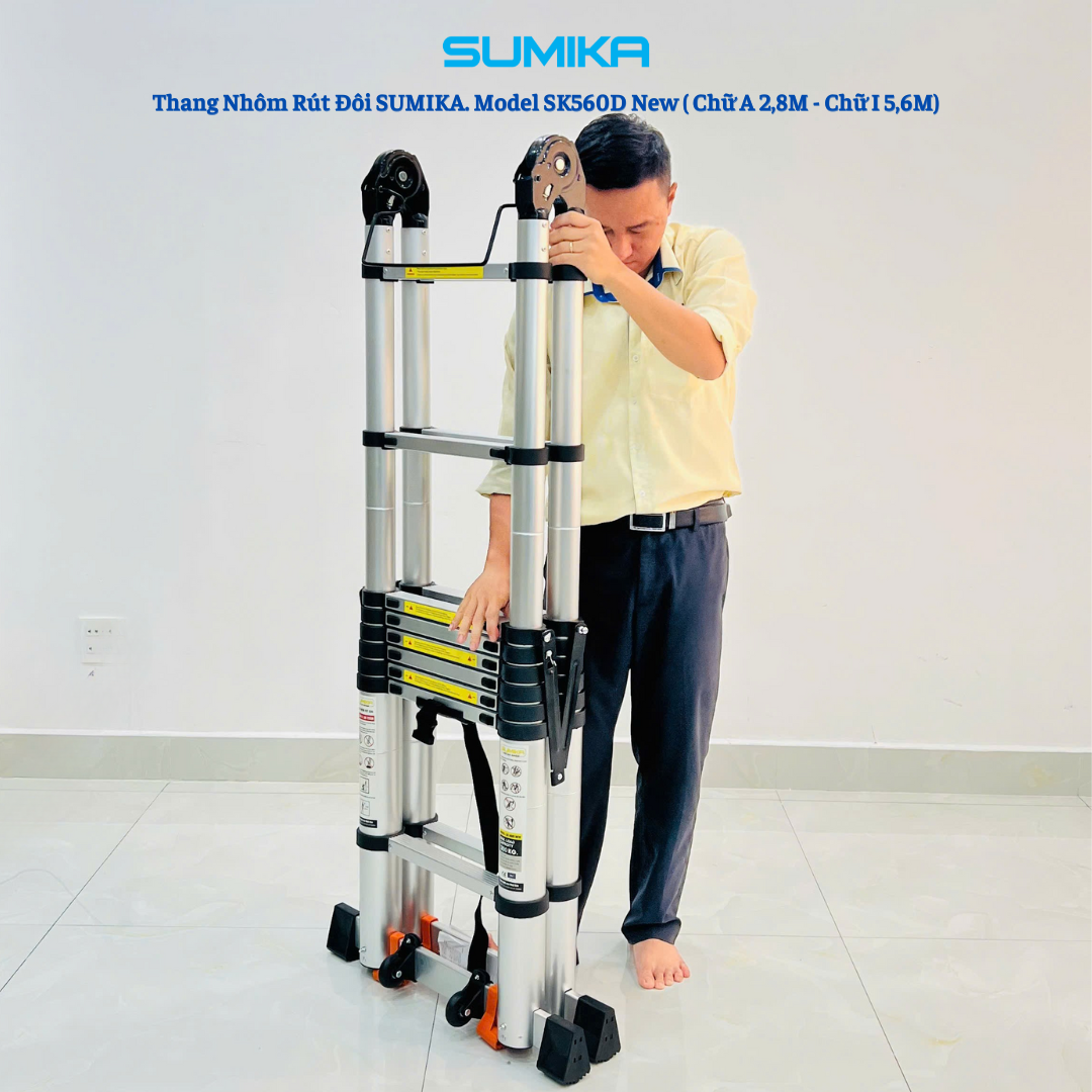 Thang Nhôm Rút Chữ A SUMIKA SK560D NEW - Rút đôi 5.6m, Khóa Tự động, Tải 300kg