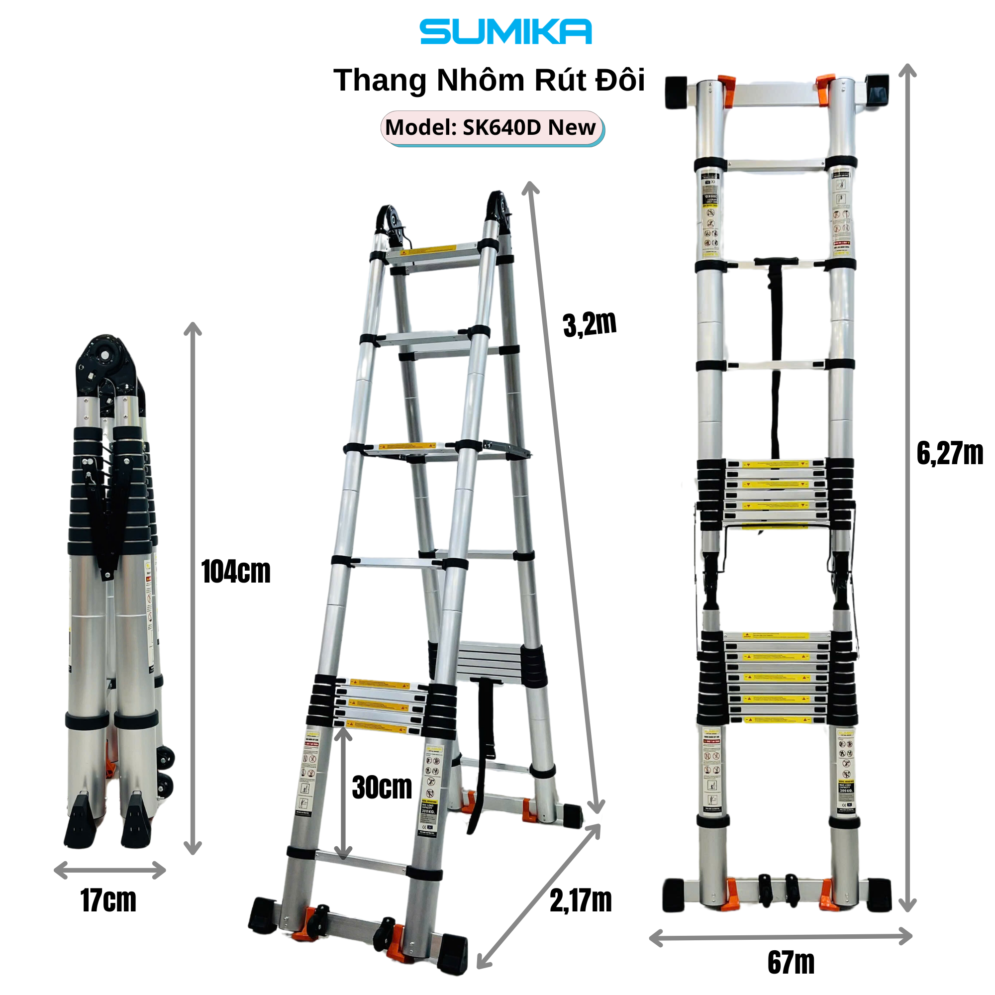Thang Nhôm Rút Chữ A SUMIKA SK640D NEW Rút đôi 6.4m Tải 300kg, Khóa Tự động