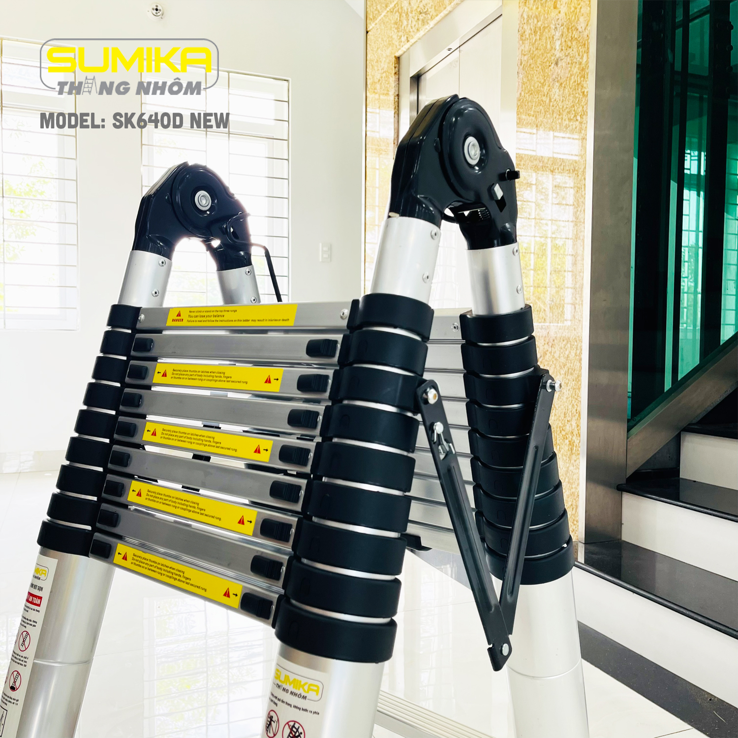 Thang Nhôm Rút Chữ A SUMIKA SK640D NEW Rút đôi 6.4m Tải 300kg, Khóa Tự động