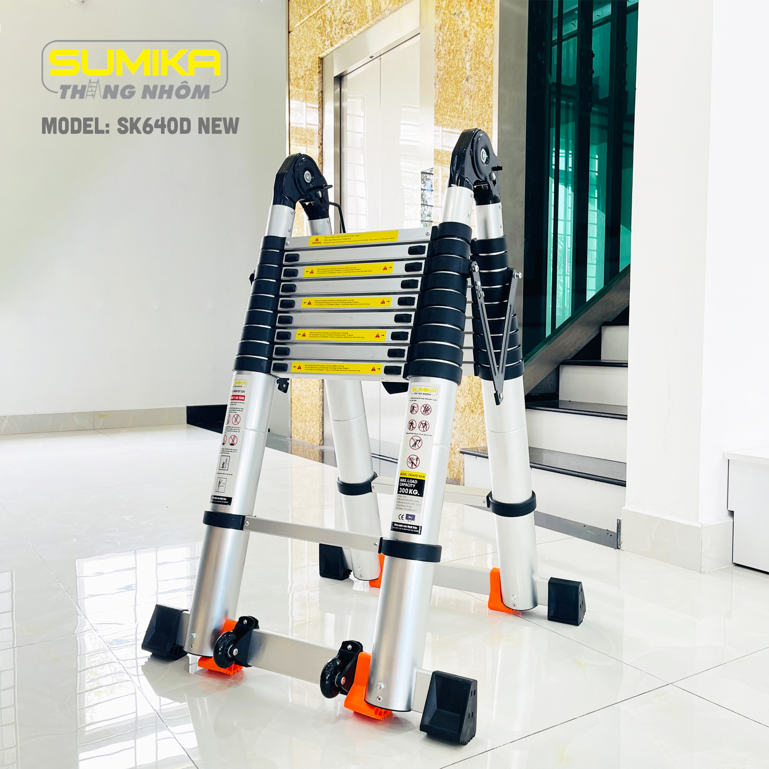 Thang Nhôm Rút Chữ A SUMIKA SK640D NEW Rút đôi 6.4m Tải 300kg, Khóa Tự động