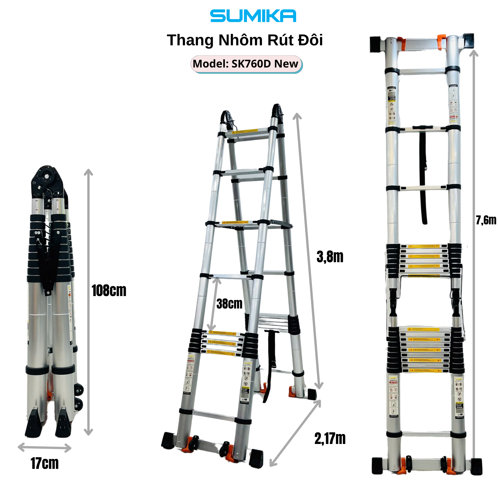 Thang Nhôm Rút Chữ A SUMIKA SK760D NEW - Rút đôi, Chữ A/I, 7.6m, Tải 300kg