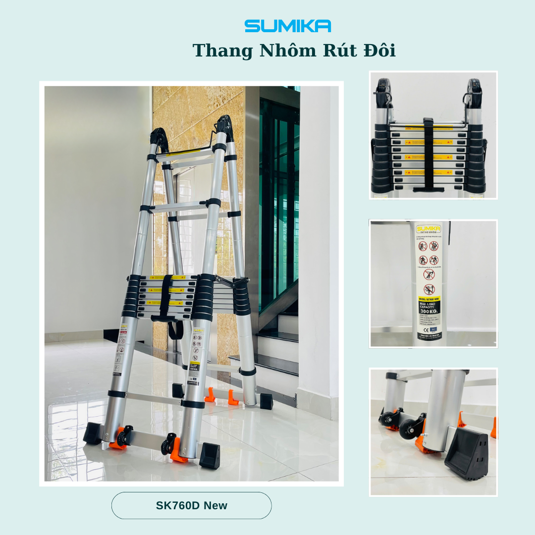 Thang Nhôm Rút Chữ A SUMIKA SK760D NEW - Rút đôi, Chữ A/I, 7.6m, Tải 300kg