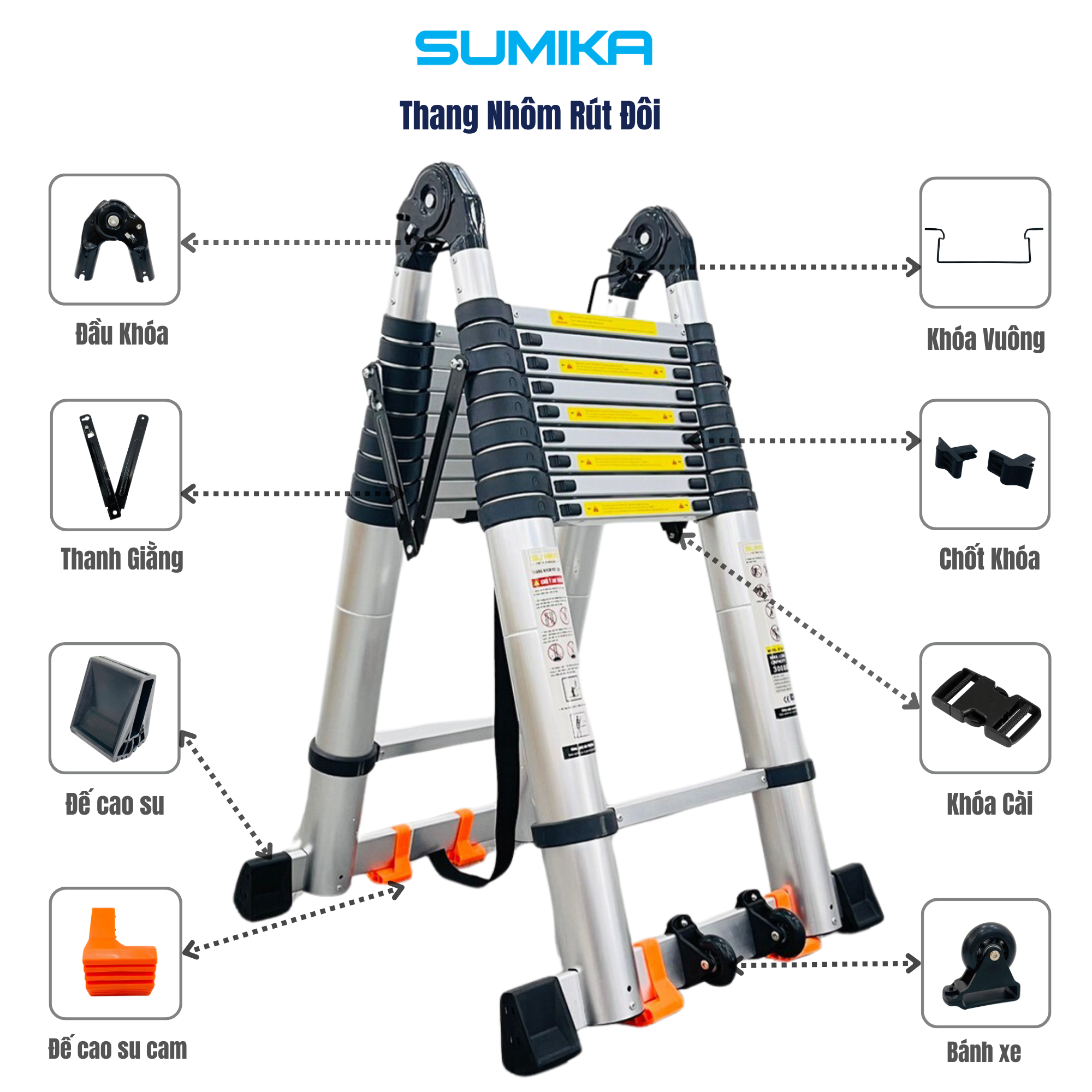 Thang Nhôm Rút Chữ A SUMIKA SK760D NEW - Rút đôi, Chữ A/I, 7.6m, Tải 300kg