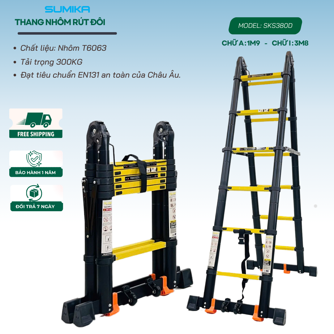Thang Nhôm Rút Chữ A SUMIKA SKS380D - Cao 3.8m, Tải 300kg, Khóa Tự động