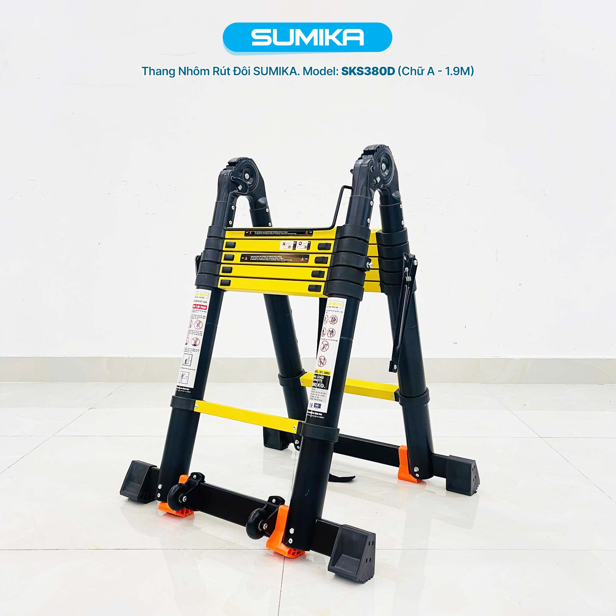 Thang Nhôm Rút Chữ A SUMIKA SKS380D - Cao 3.8m, Tải 300kg, Khóa Tự động