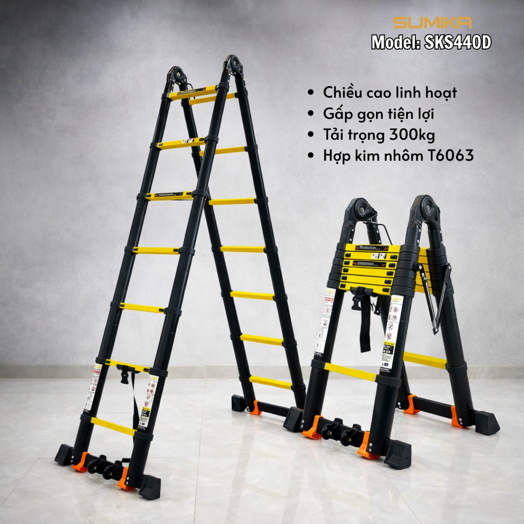 Thang Nhôm Rút Chữ A SUMIKA SKS440D - Rút đôi 2.2m/4.4m, Tải 300kg, Gọn Nhẹ Bền Chắc