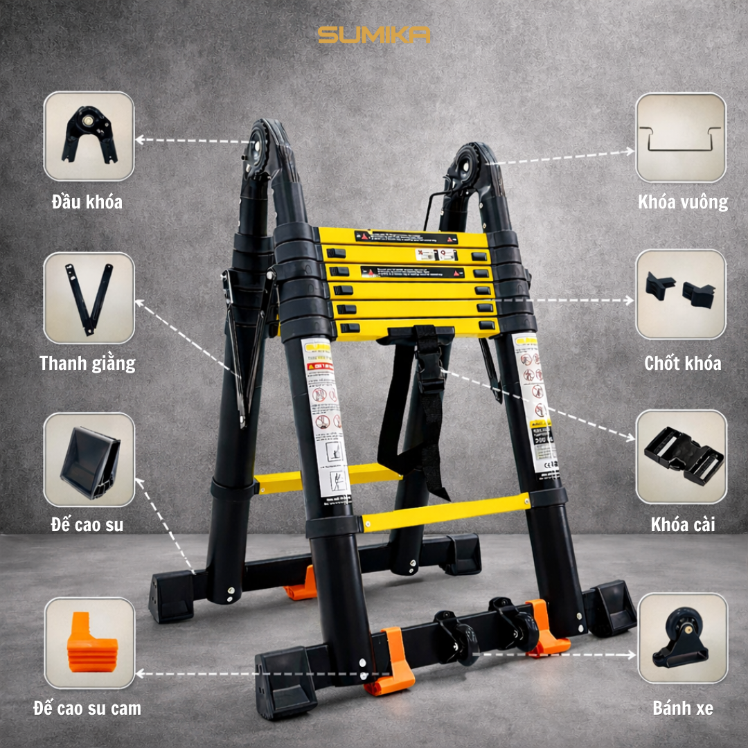 Thang Nhôm Rút Chữ A SUMIKA SKS440D - Rút đôi 2.2m/4.4m, Tải 300kg, Gọn Nhẹ Bền Chắc
