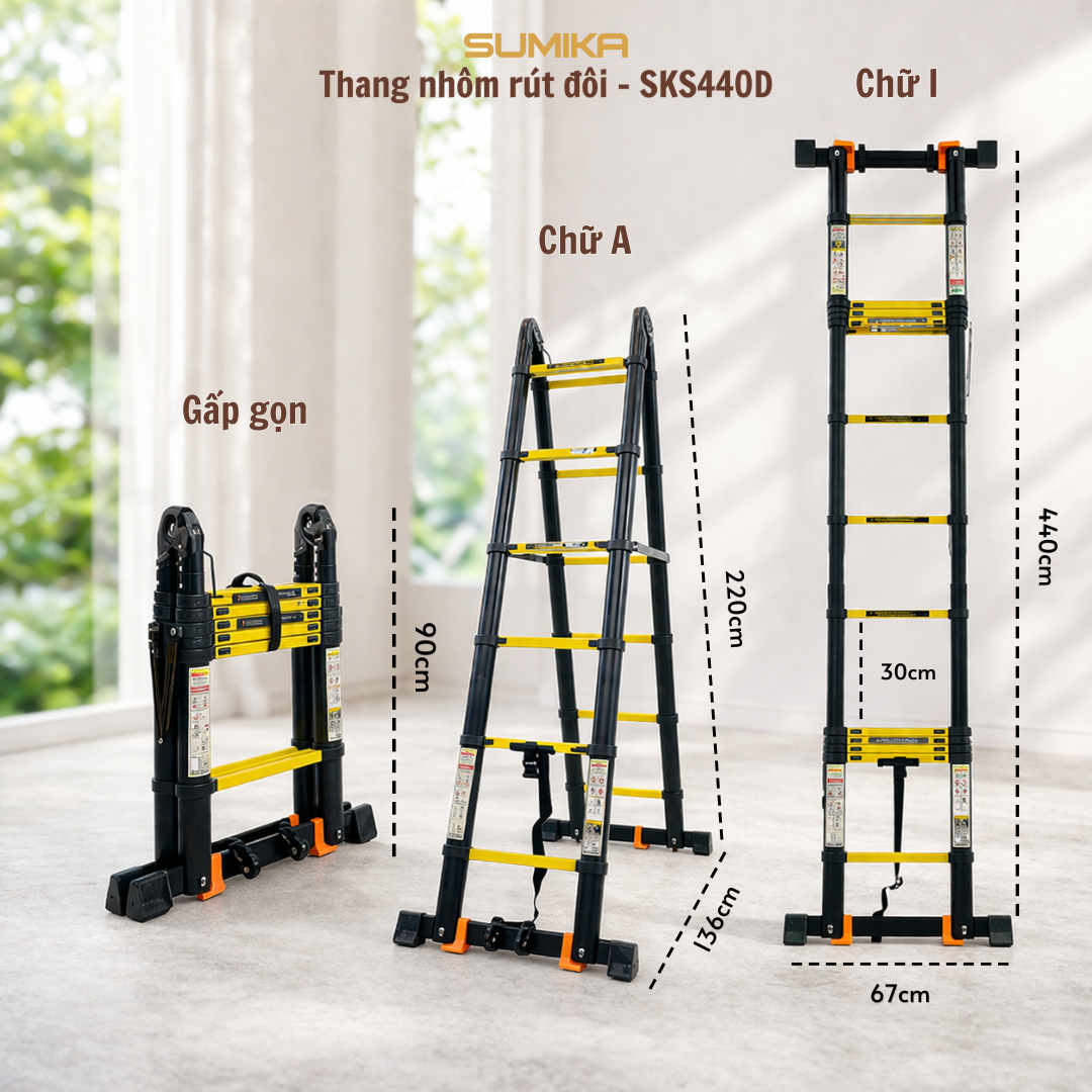 Thang Nhôm Rút Chữ A SUMIKA SKS440D - Rút đôi 2.2m/4.4m, Tải 300kg, Gọn Nhẹ Bền Chắc