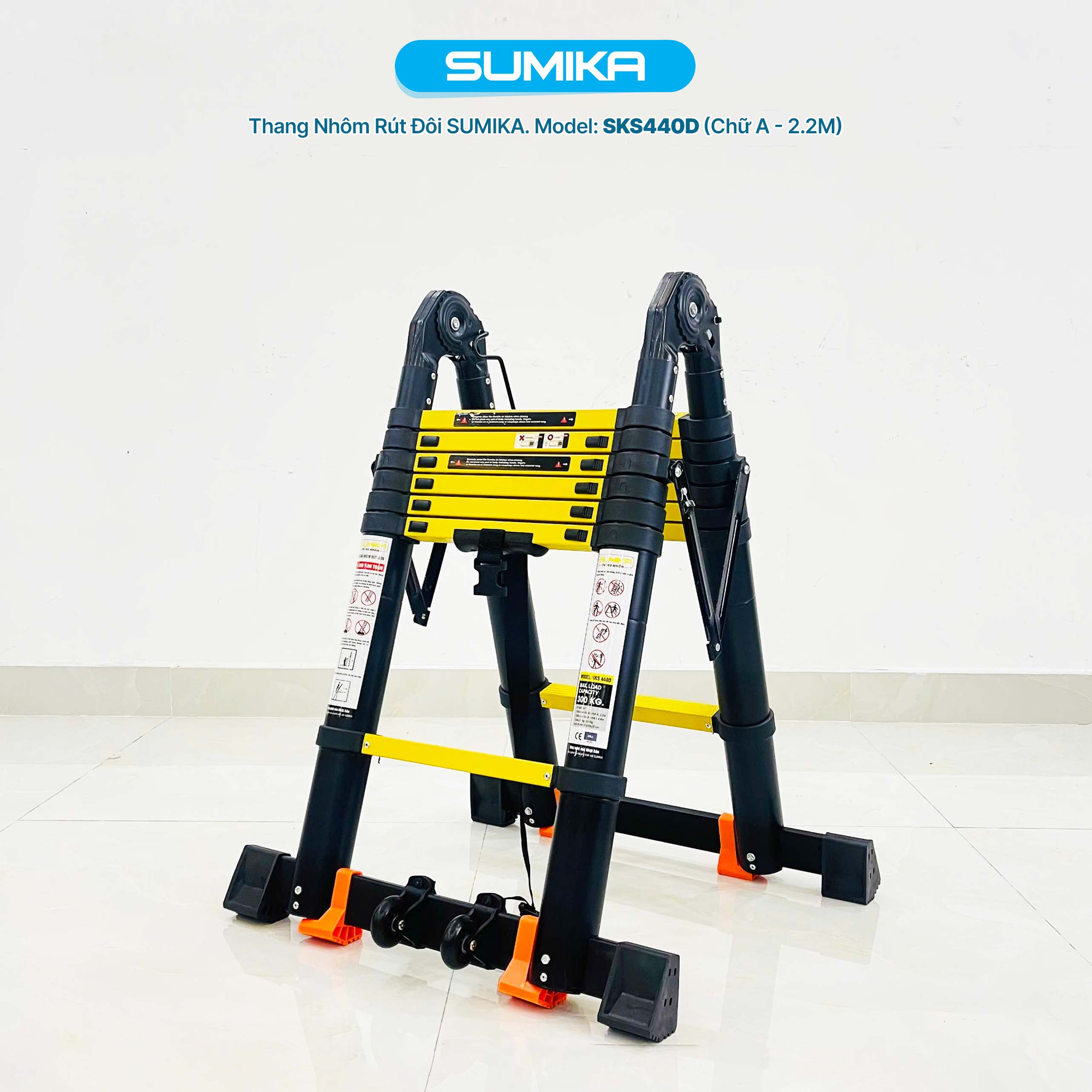 Thang Nhôm Rút Chữ A SUMIKA SKS440D - Rút đôi 2.2m/4.4m, Tải 300kg, Gọn Nhẹ Bền Chắc