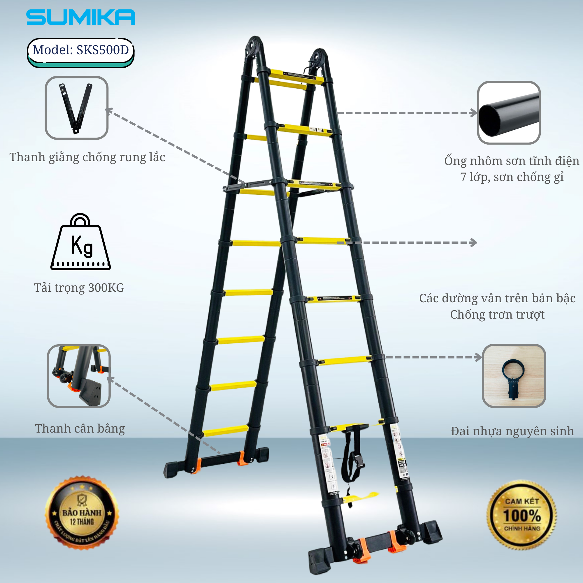 Thang Nhôm Rút Chữ A SUMIKA SKS560D - Rút đôi 5.6m, Tải 300kg, Chuẩn EN131