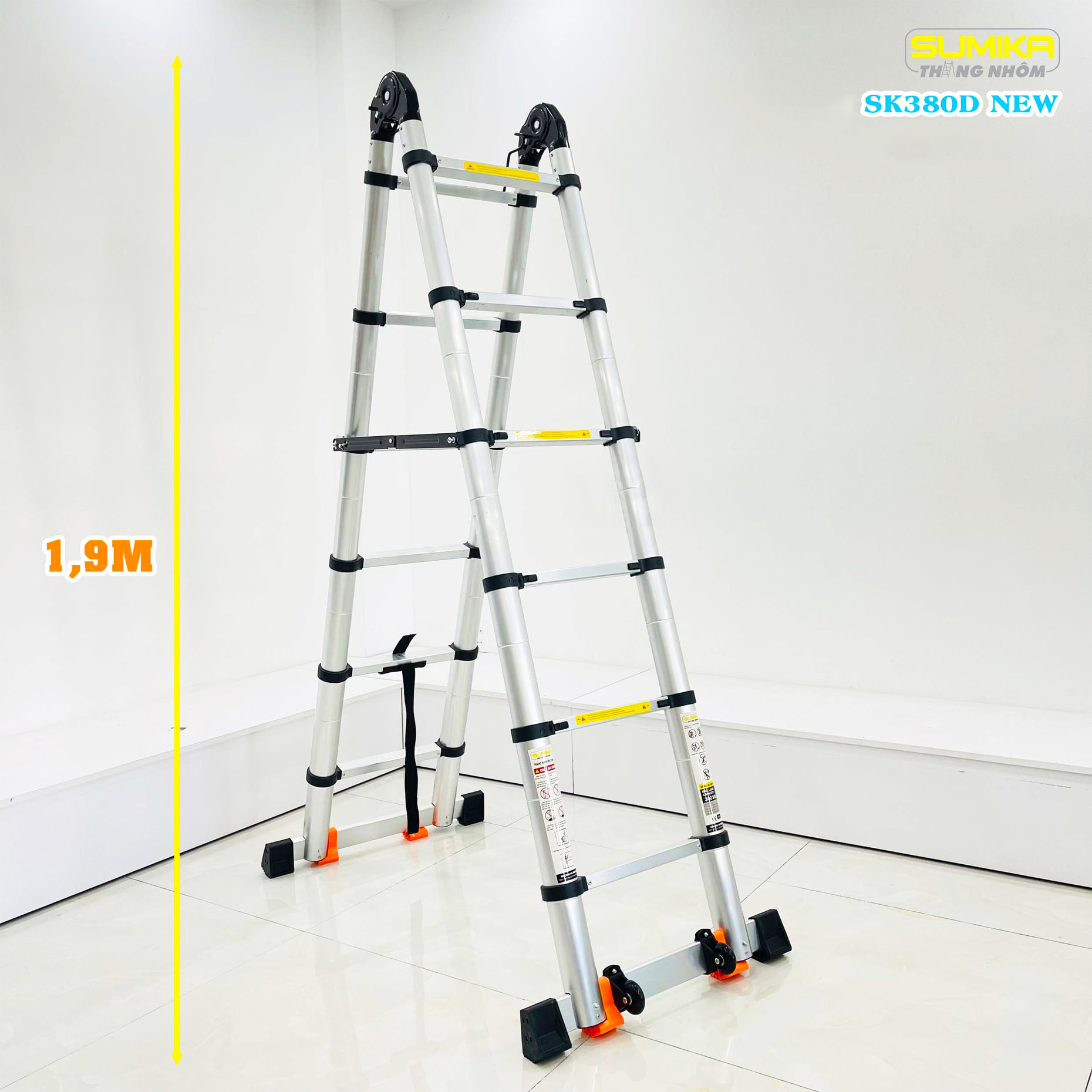 Thang Nhôm Rút đôi Chữ A SUMIKA SK380D NEW - Gấp Tự động, Cao 3.8m, Chịu 300kg