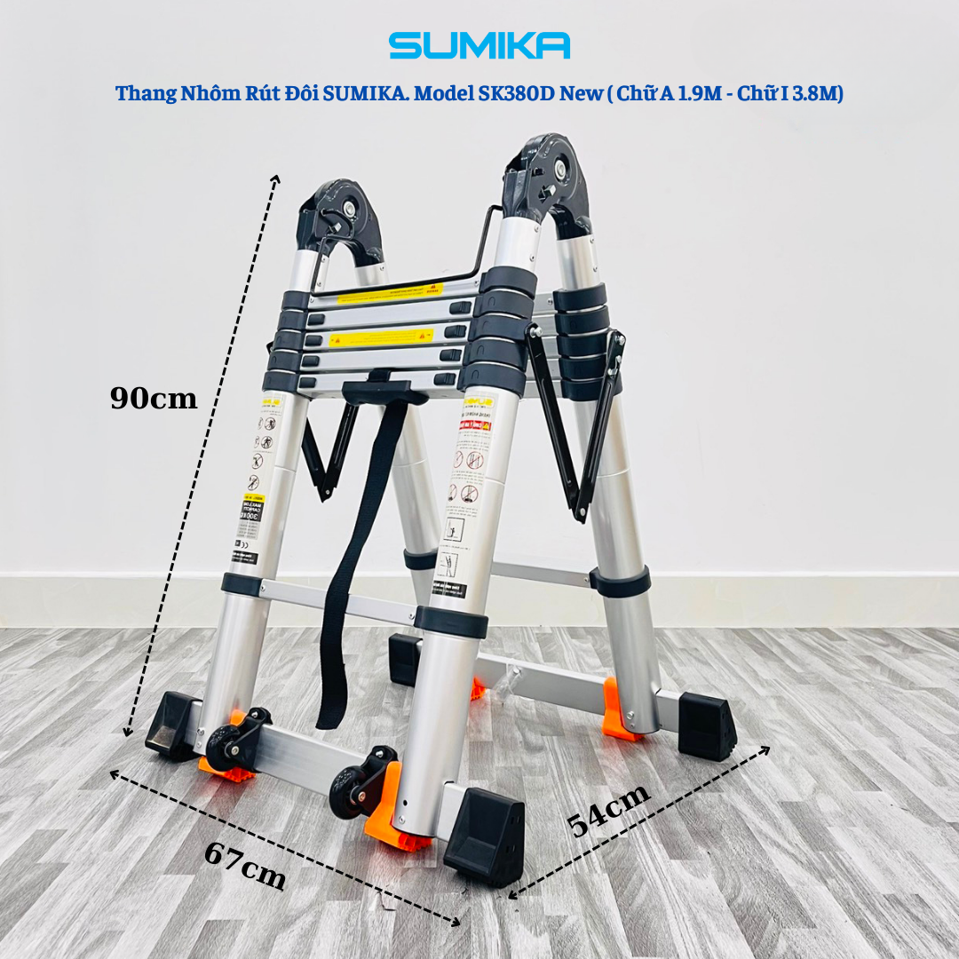 Thang Nhôm Rút đôi Chữ A SUMIKA SK380D NEW - Gấp Tự động, Cao 3.8m, Chịu 300kg