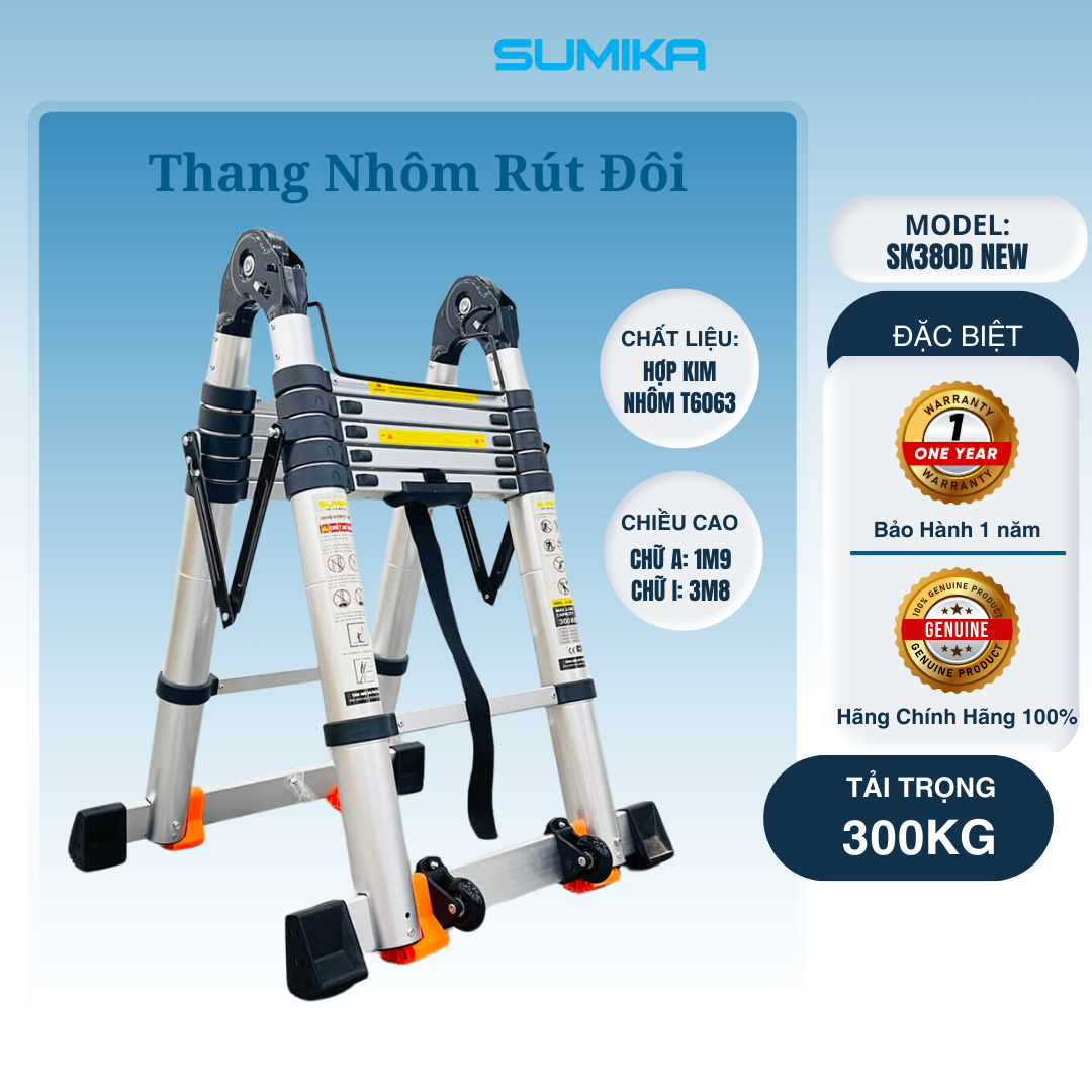 Thang Nhôm Rút đôi Chữ A SUMIKA SK380D NEW - Gấp Tự động, Cao 3.8m, Chịu 300kg