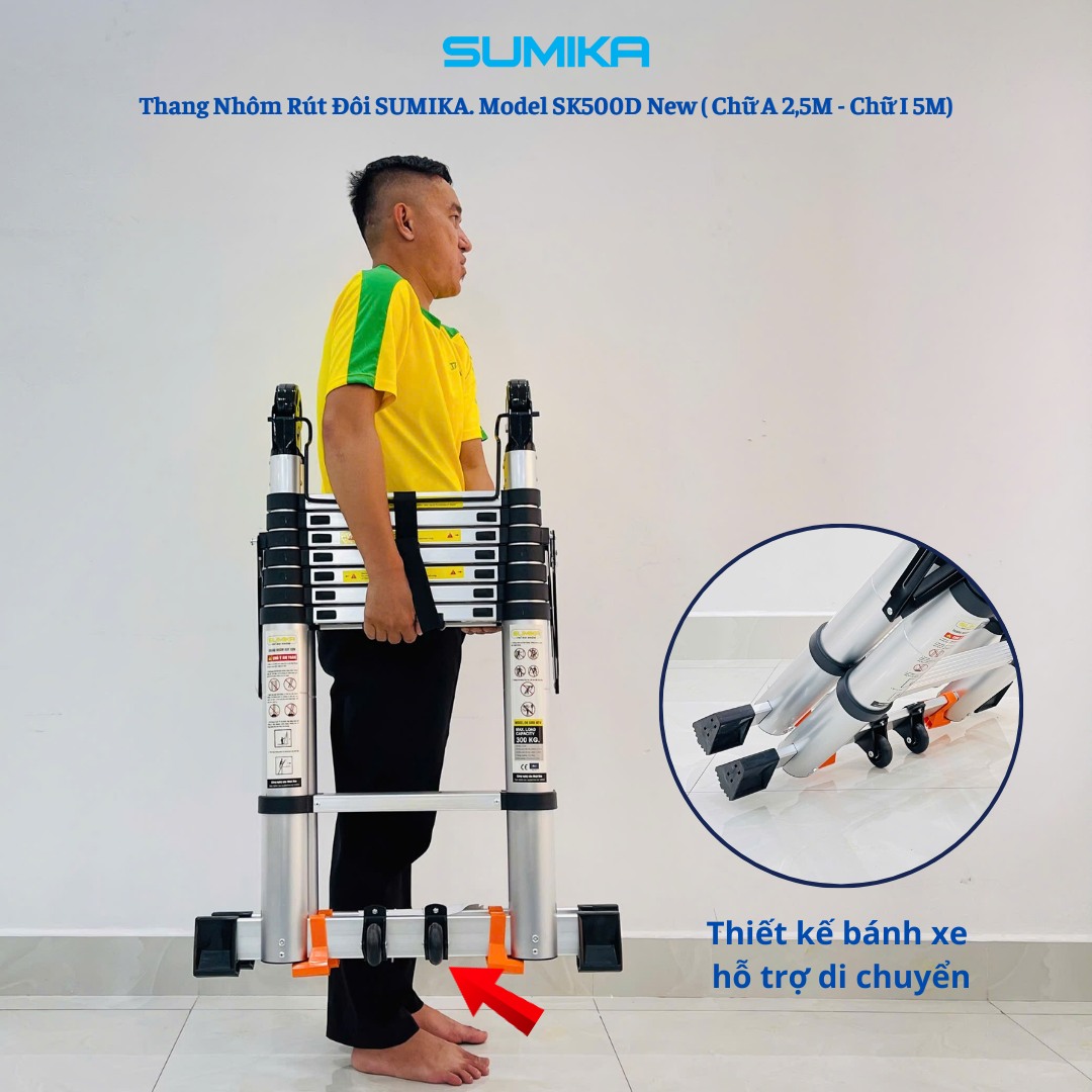 Thang Nhôm Rút đôi Chữ A SUMIKA SK500D NEW - 2.5m/5.0m, Tải 300kg, Khóa Tự động