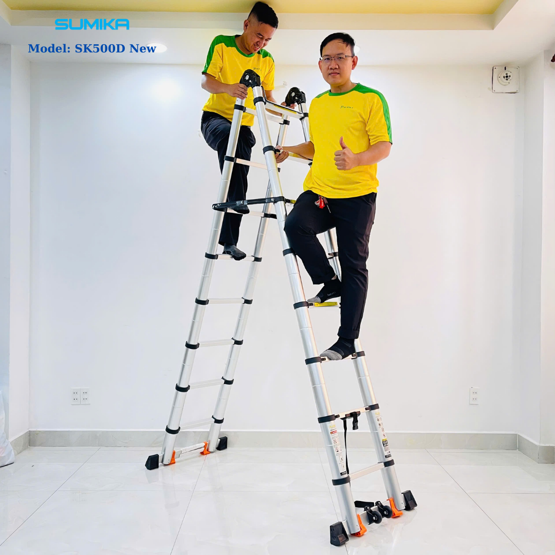Thang Nhôm Rút đôi Chữ A SUMIKA SK500D NEW - 2.5m/5.0m, Tải 300kg, Khóa Tự động