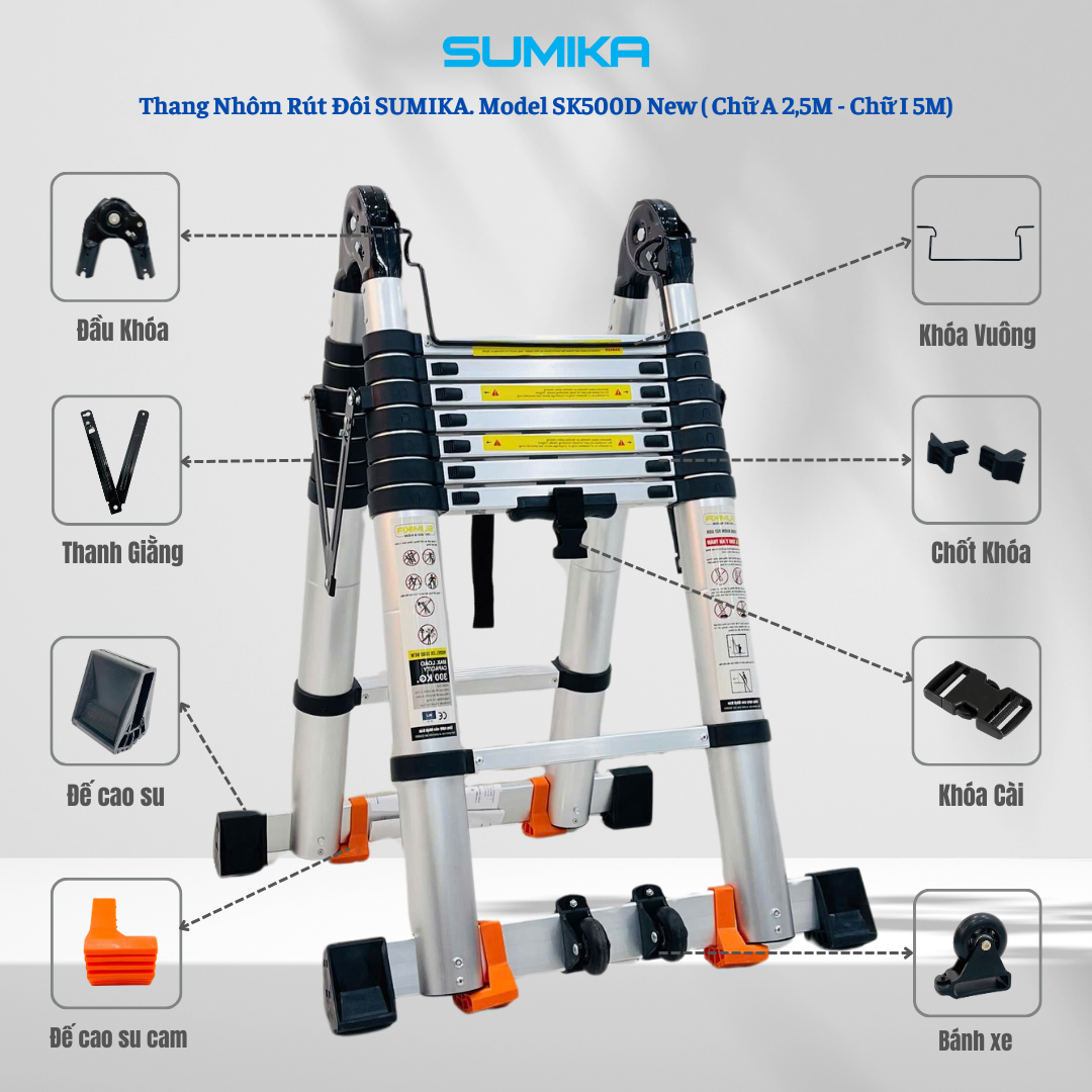 Thang Nhôm Rút đôi Chữ A SUMIKA SK500D NEW - 2.5m/5.0m, Tải 300kg, Khóa Tự động