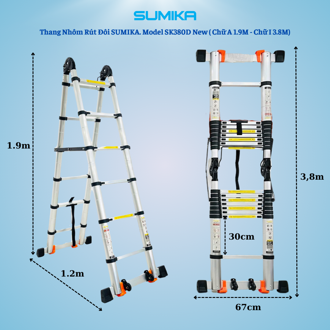 Thang Nhôm Rút Đôi Chữ A/I SUMIKA SK 380D NEW - Rút Tự Khóa 3.8m, Tải 300kg