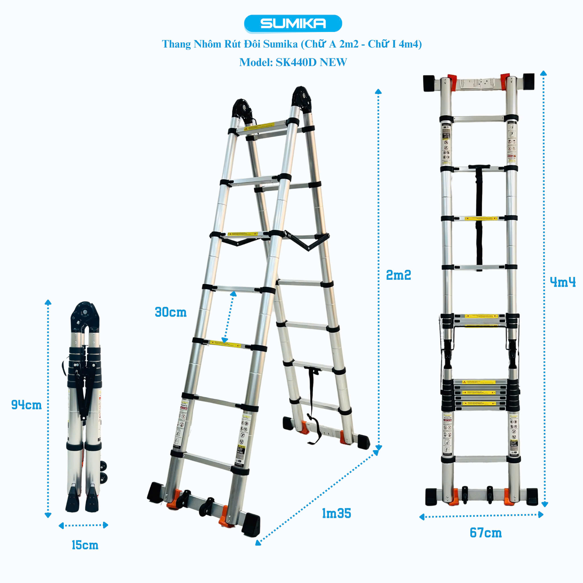Thang Nhôm Rút Đôi SUMIKA SK440D NEW - Chữ A/I 2.2/4.4m, Tải 300kg
