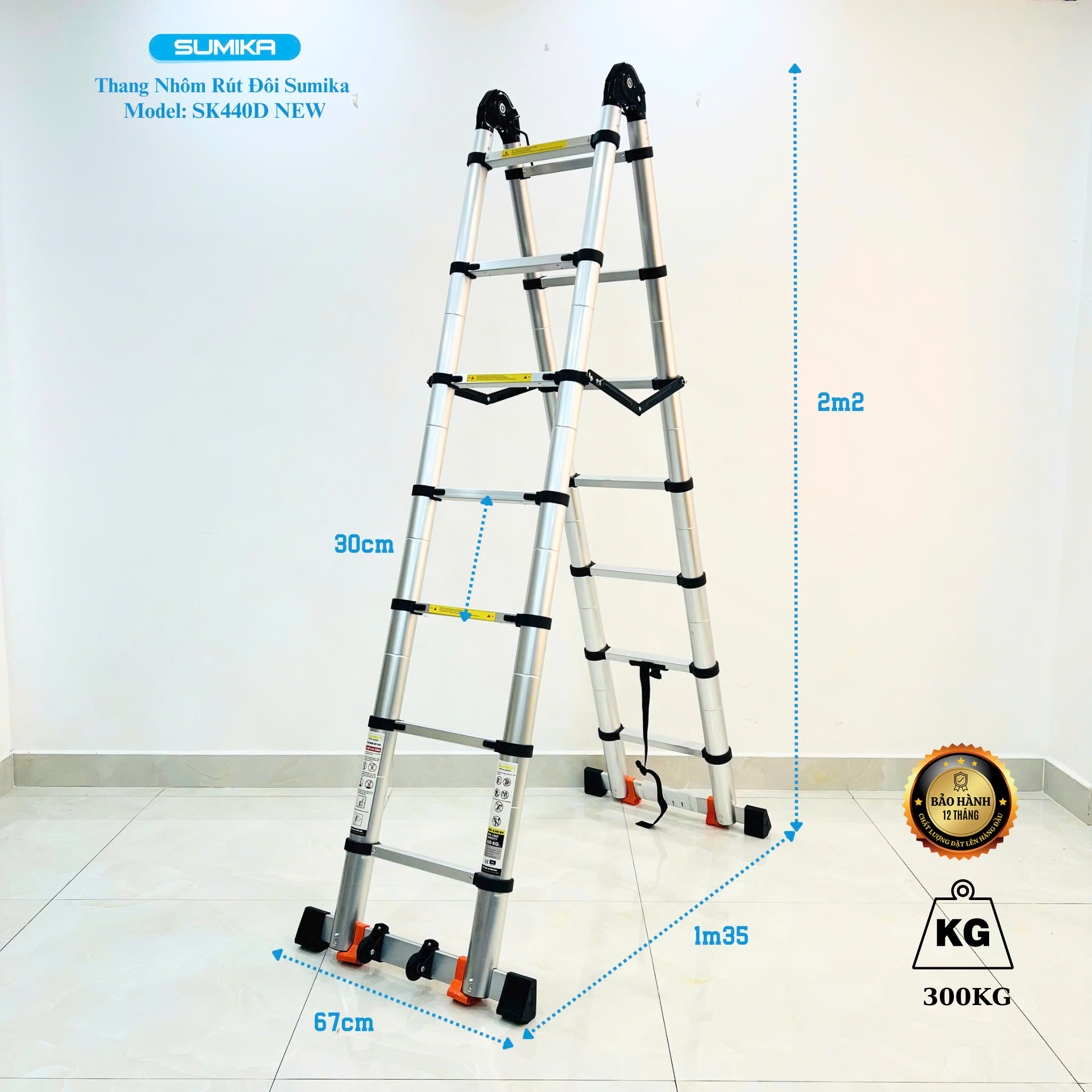 Thang Nhôm Rút Đôi SUMIKA SK440D NEW - Chữ A/I 2.2/4.4m, Tải 300kg