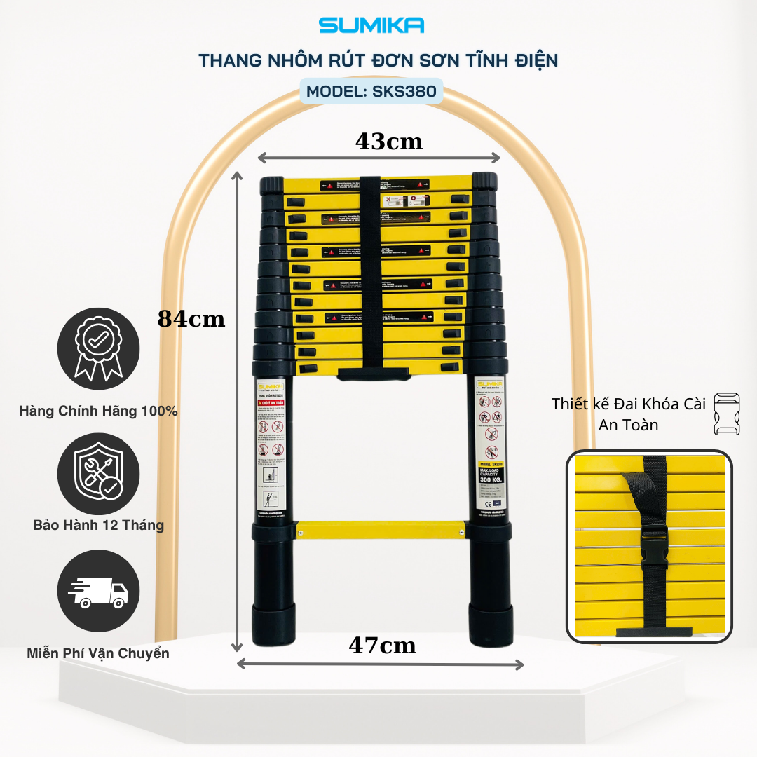 Thang Nhôm Rút Đơn 3.8m SUMIKA SKS380 - Tải 300kg, 13 Bậc, EN131