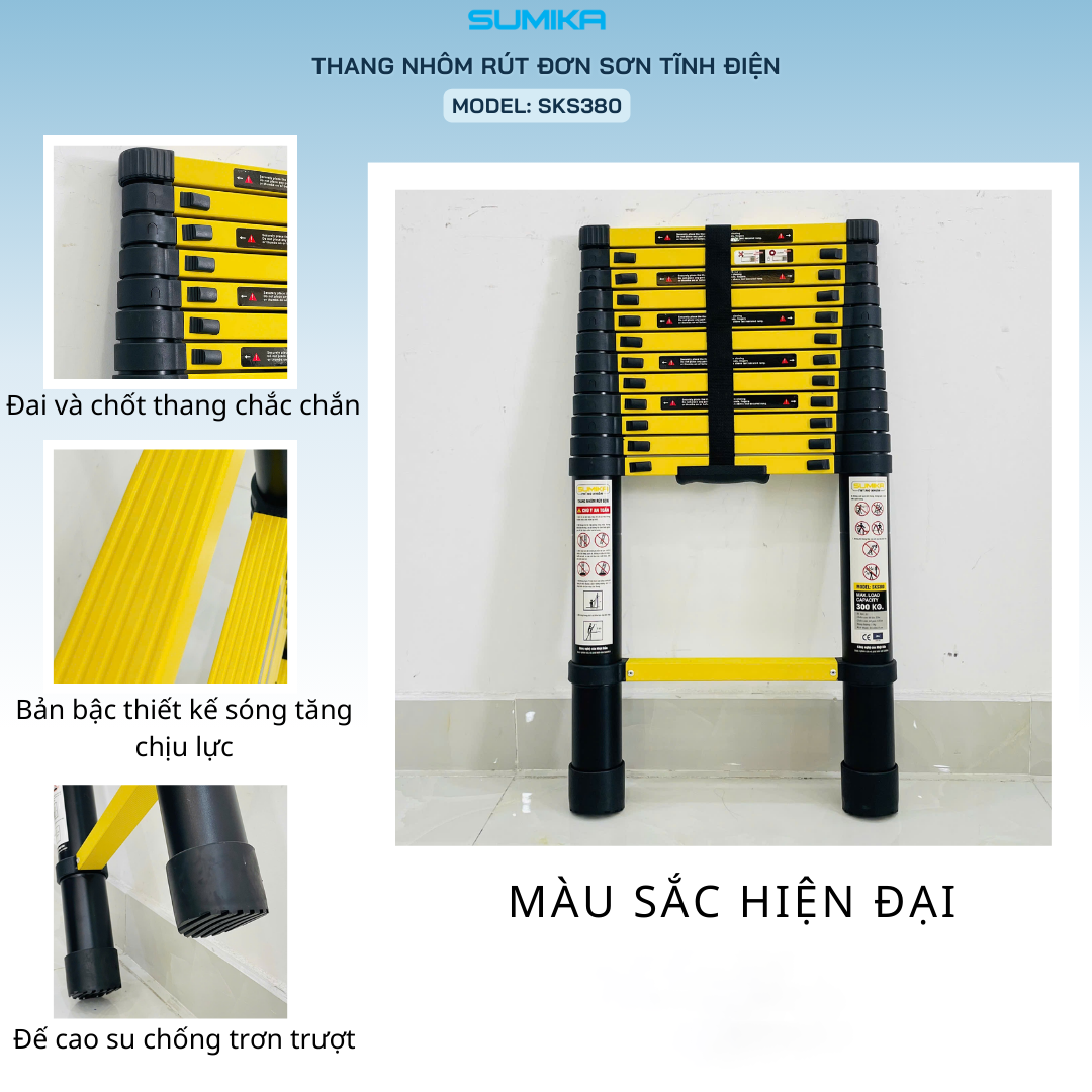 Thang Nhôm Rút Đơn 3.8m SUMIKA SKS380 - Tải 300kg, 13 Bậc, EN131