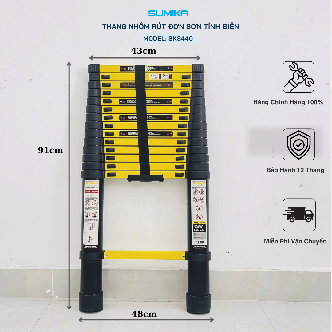 Thang Nhôm Rút đơn SUMIKA SKS440 4.4m Chính Hãng - Tải 300kg, Nhôm Dày 1.2-1.5mm