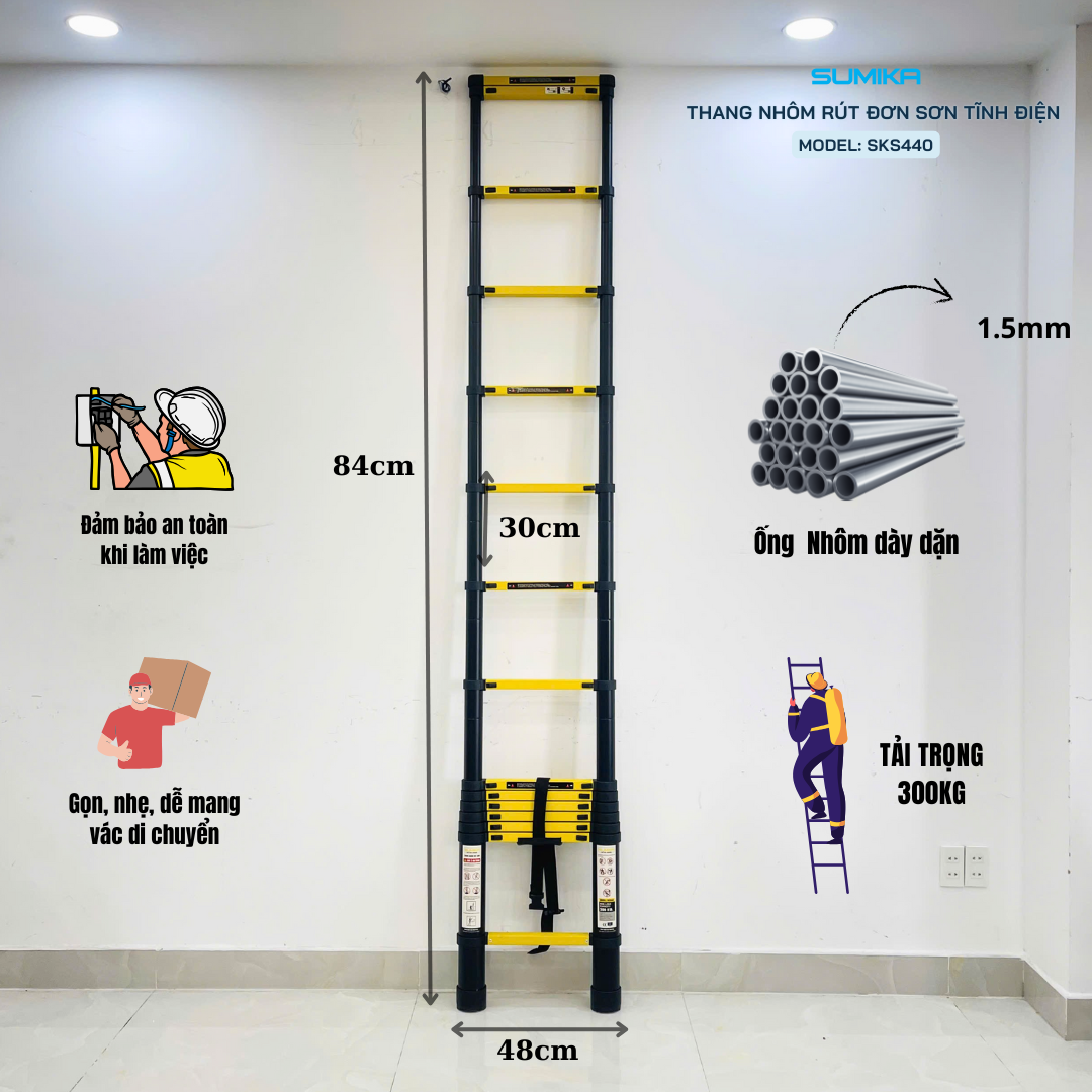 Thang Nhôm Rút đơn SUMIKA SKS440 4.4m Chính Hãng - Tải 300kg, Nhôm Dày 1.2-1.5mm