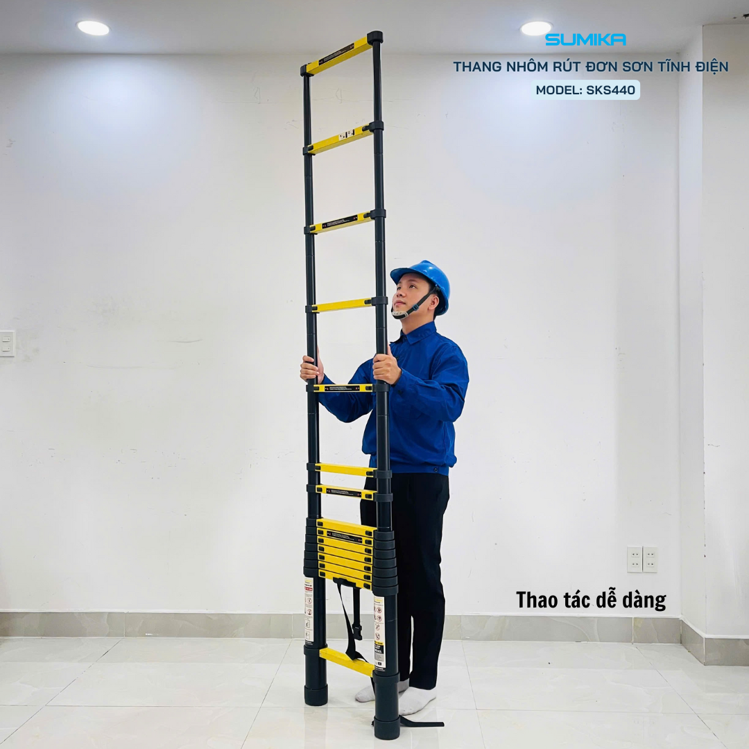 Thang Nhôm Rút đơn SUMIKA SKS440 4.4m Chính Hãng - Tải 300kg, Nhôm Dày 1.2-1.5mm