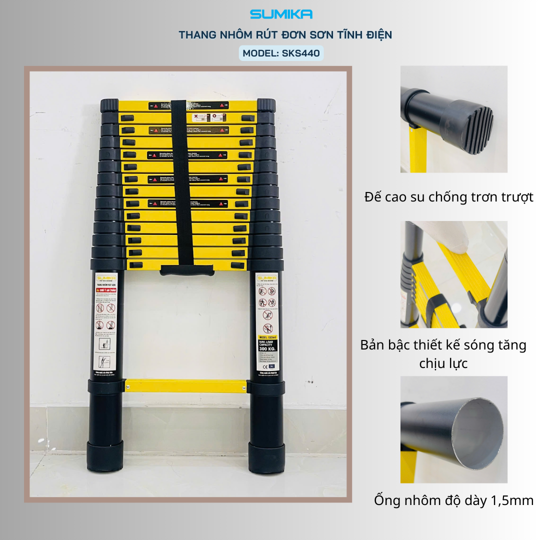 Thang Nhôm Rút đơn SUMIKA SKS440 4.4m Chính Hãng - Tải 300kg, Nhôm Dày 1.2-1.5mm