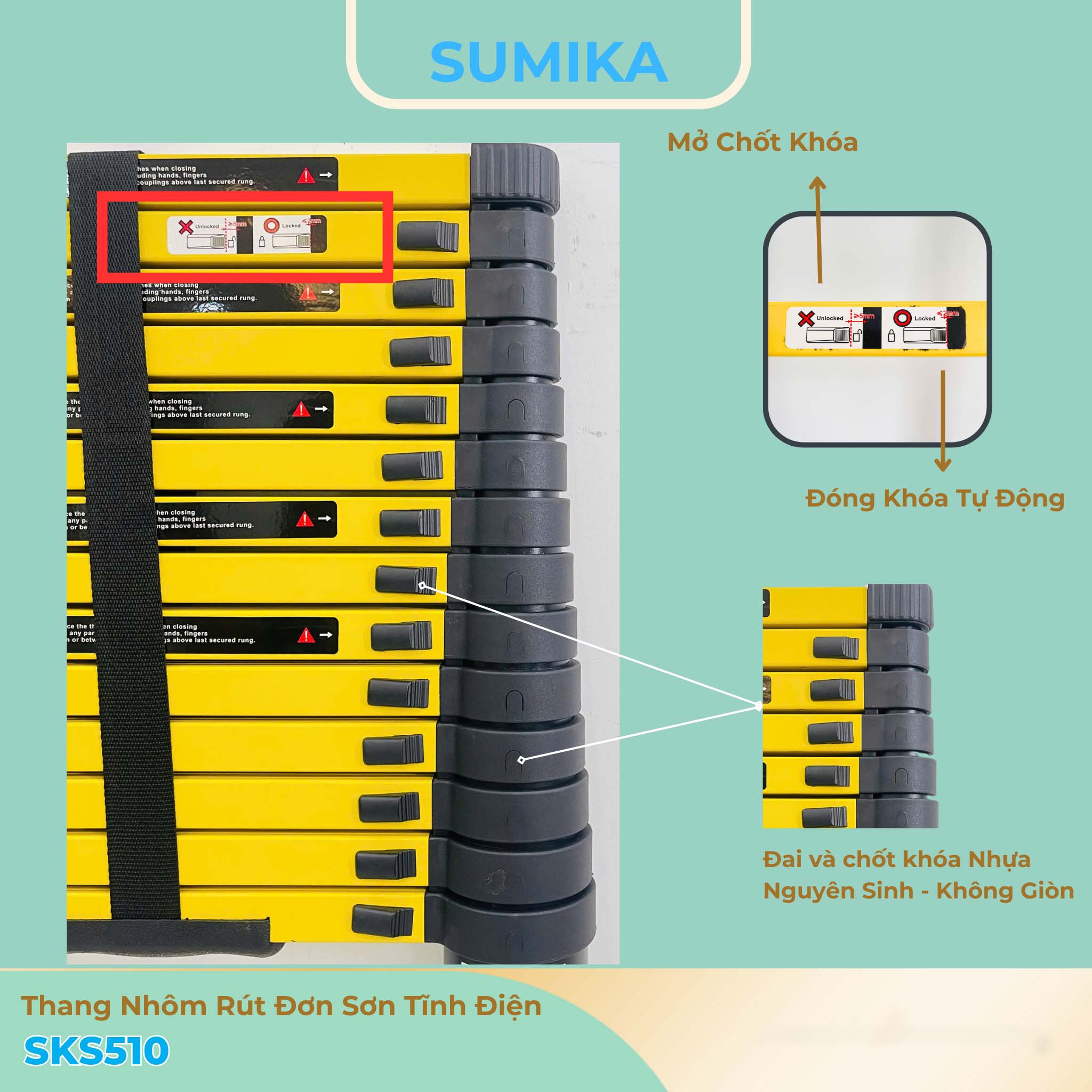 Thang Nhôm Rút đơn SUMIKA SKS510 5.1m Tải 300kg Nhật Bản - Gọn Nhẹ Chắc Chắn
