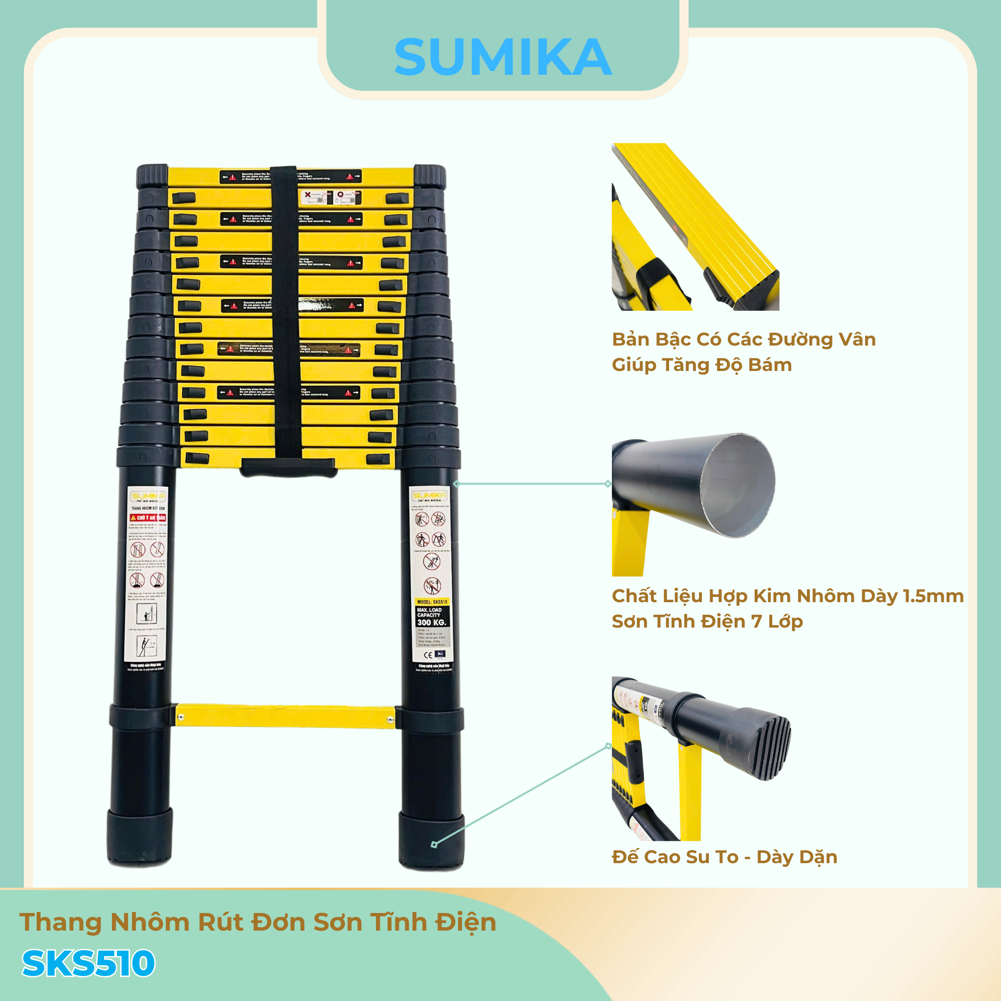 Thang Nhôm Rút đơn SUMIKA SKS510 5.1m Tải 300kg Nhật Bản - Gọn Nhẹ Chắc Chắn