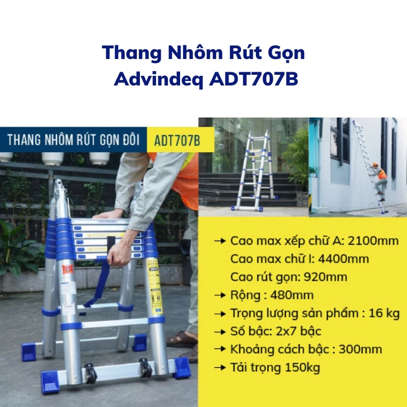 Thang Nh&ocirc;m R&uacute;t Gọn (chữ A) Advindeq ADT707B Kh&oacute;a Gấp Tự động