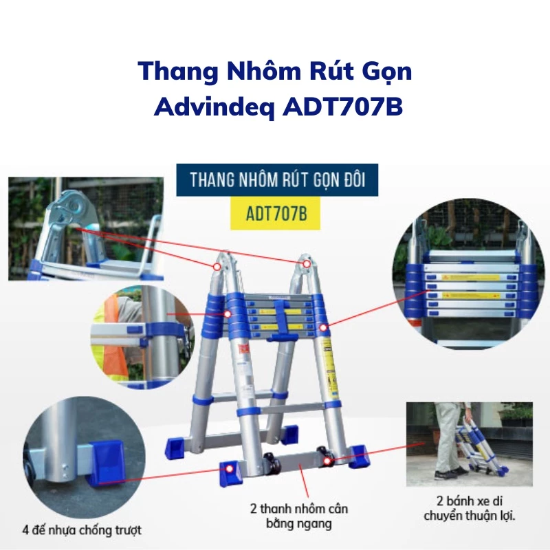 Thang Nh&ocirc;m R&uacute;t Gọn (chữ A) Advindeq ADT707B Kh&oacute;a Gấp Tự động