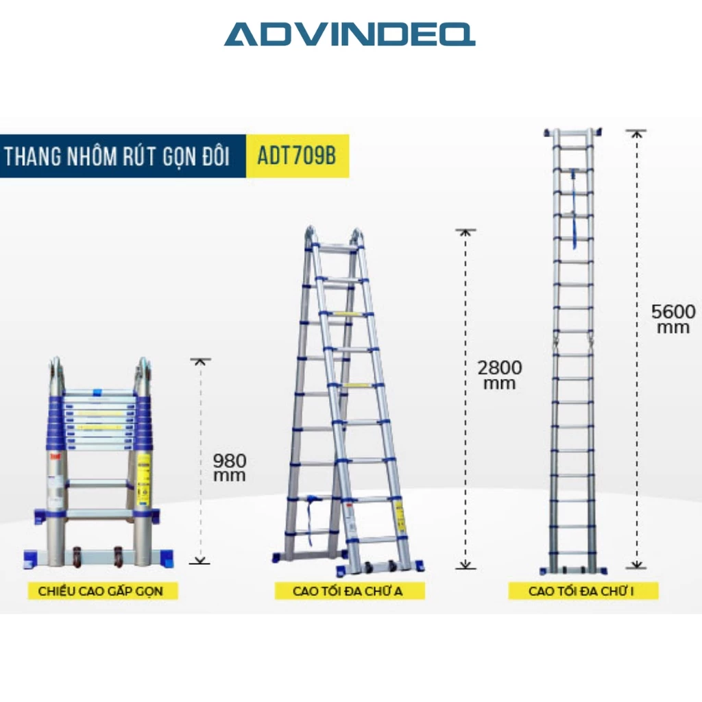 Thang Nhôm Rút Gọn (chữ A) Advindeq ADT709B Khóa Gấp Tự động, Duỗi 5.6m