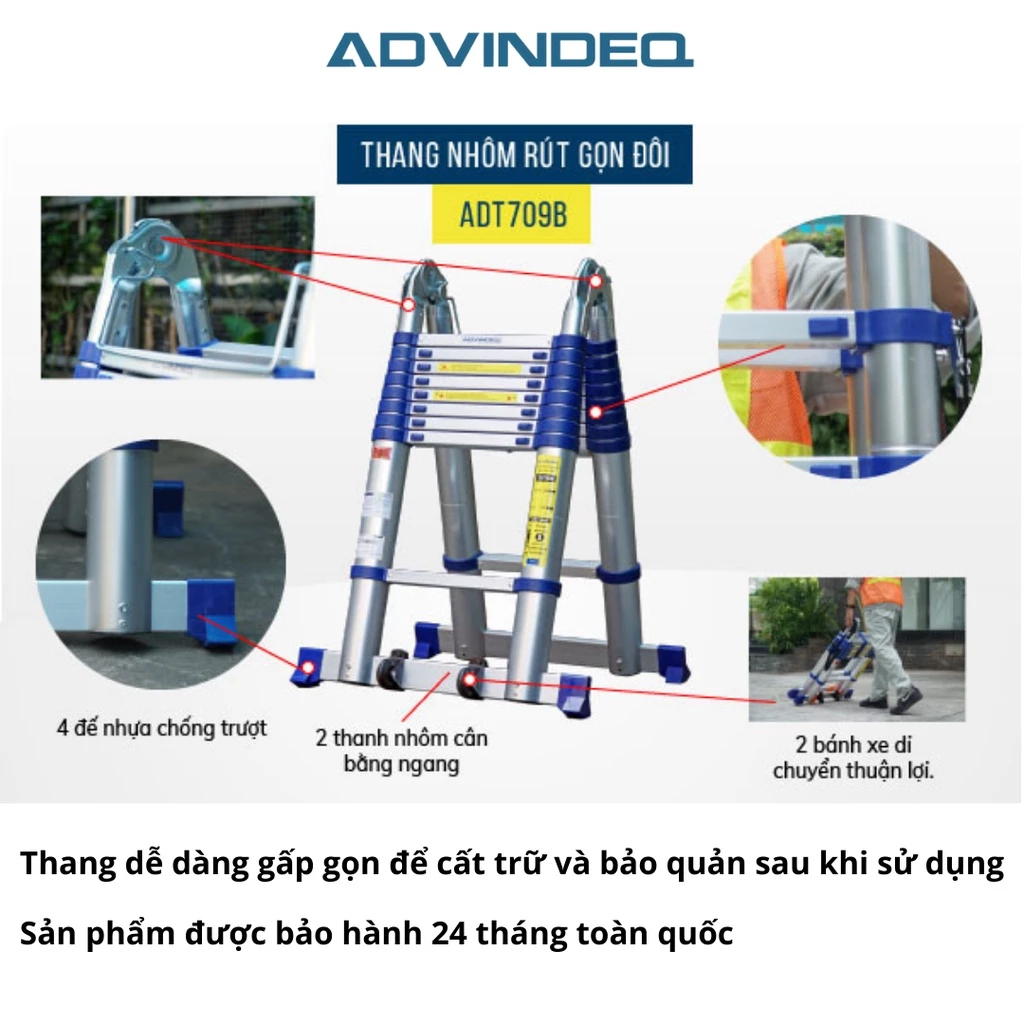Thang Nhôm Rút Gọn (chữ A) Advindeq ADT709B Khóa Gấp Tự động, Duỗi 5.6m