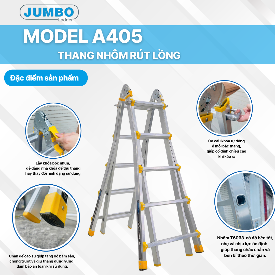 Thang Nh&ocirc;m R&uacute;t Lồng Chữ A JUMBO A405 - Chữ A Cao Nhất 2.5m