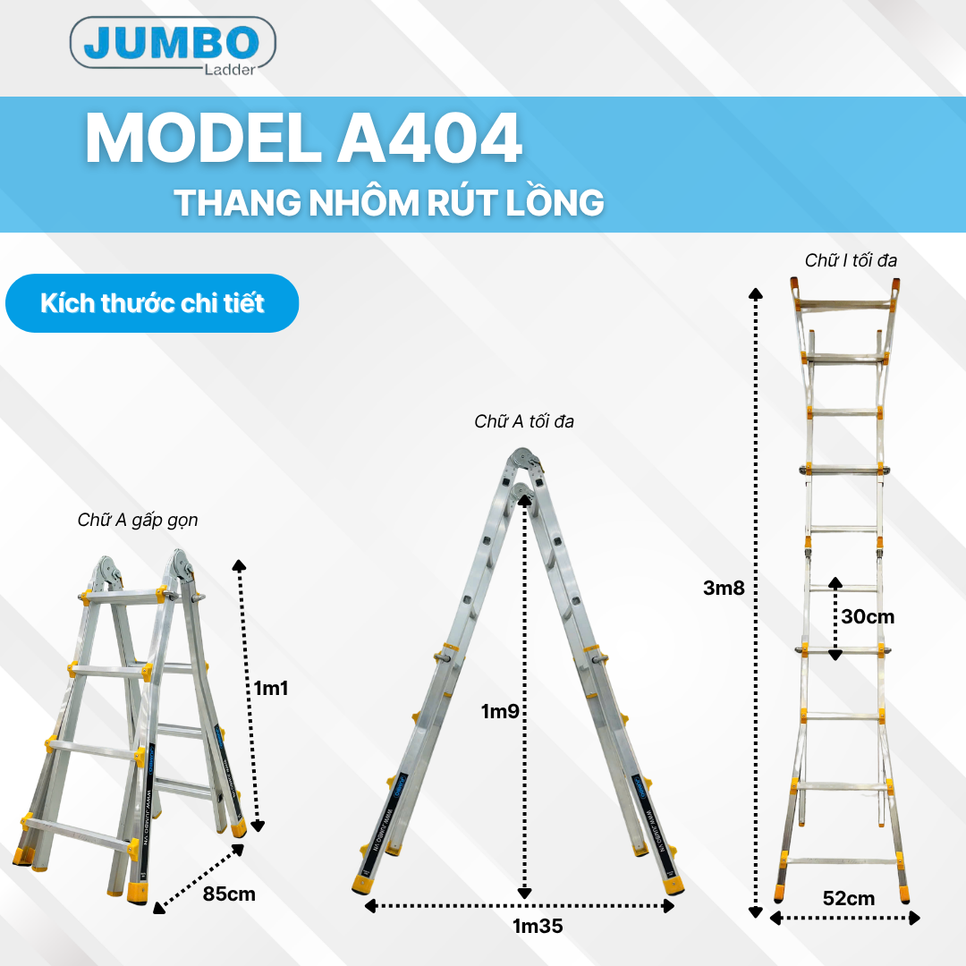 Thang Nhôm Rút Lồng Chữ A JUMBO A404 - A Cao 2.0m I 4.0m, Tải 300kg