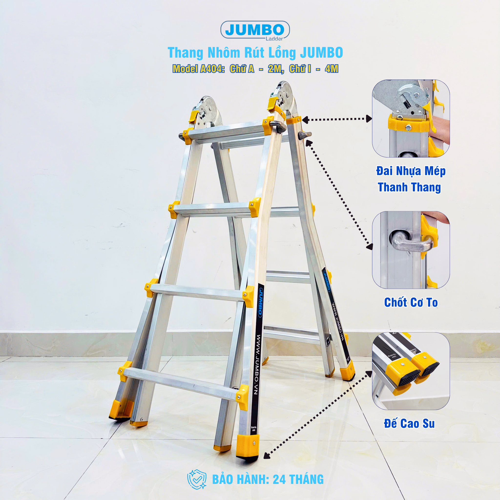 Thang Nhôm Rút Lồng Chữ A JUMBO A404 - A Cao 2.0m I 4.0m, Tải 300kg