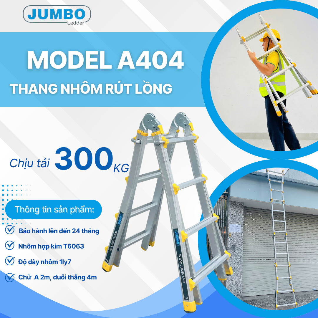 Thang Nhôm Rút Lồng Chữ A JUMBO A404 - A Cao 2.0m I 4.0m, Tải 300kg