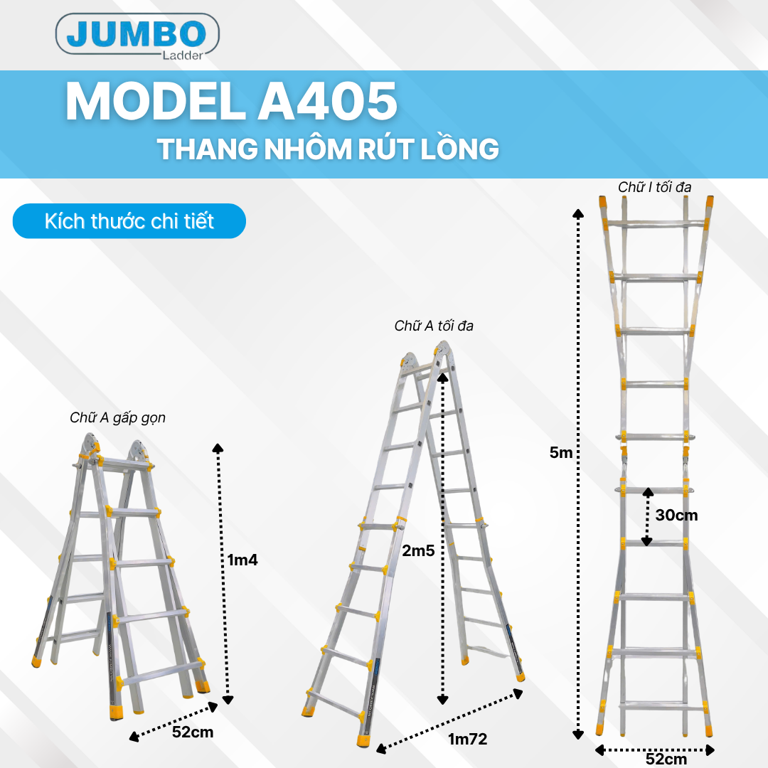 Thang Nhôm Rút Lồng Chữ A JUMBO A405 - Chữ A Cao Nhất 2.5m, Chữ I 5.0m, Tải 300kg