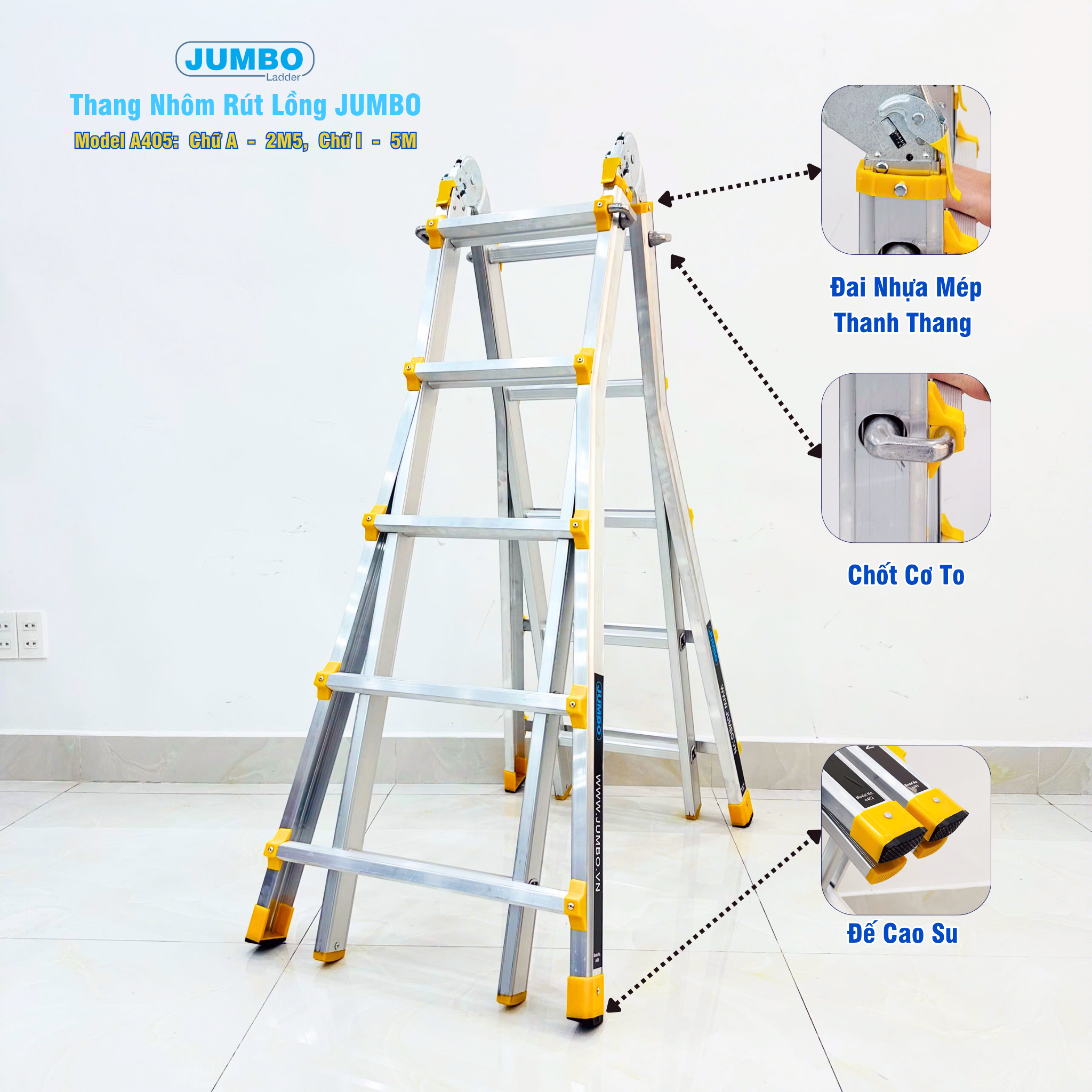 Thang Nhôm Rút Lồng Chữ A JUMBO A405 - Chữ A Cao Nhất 2.5m, Chữ I 5.0m, Tải 300kg