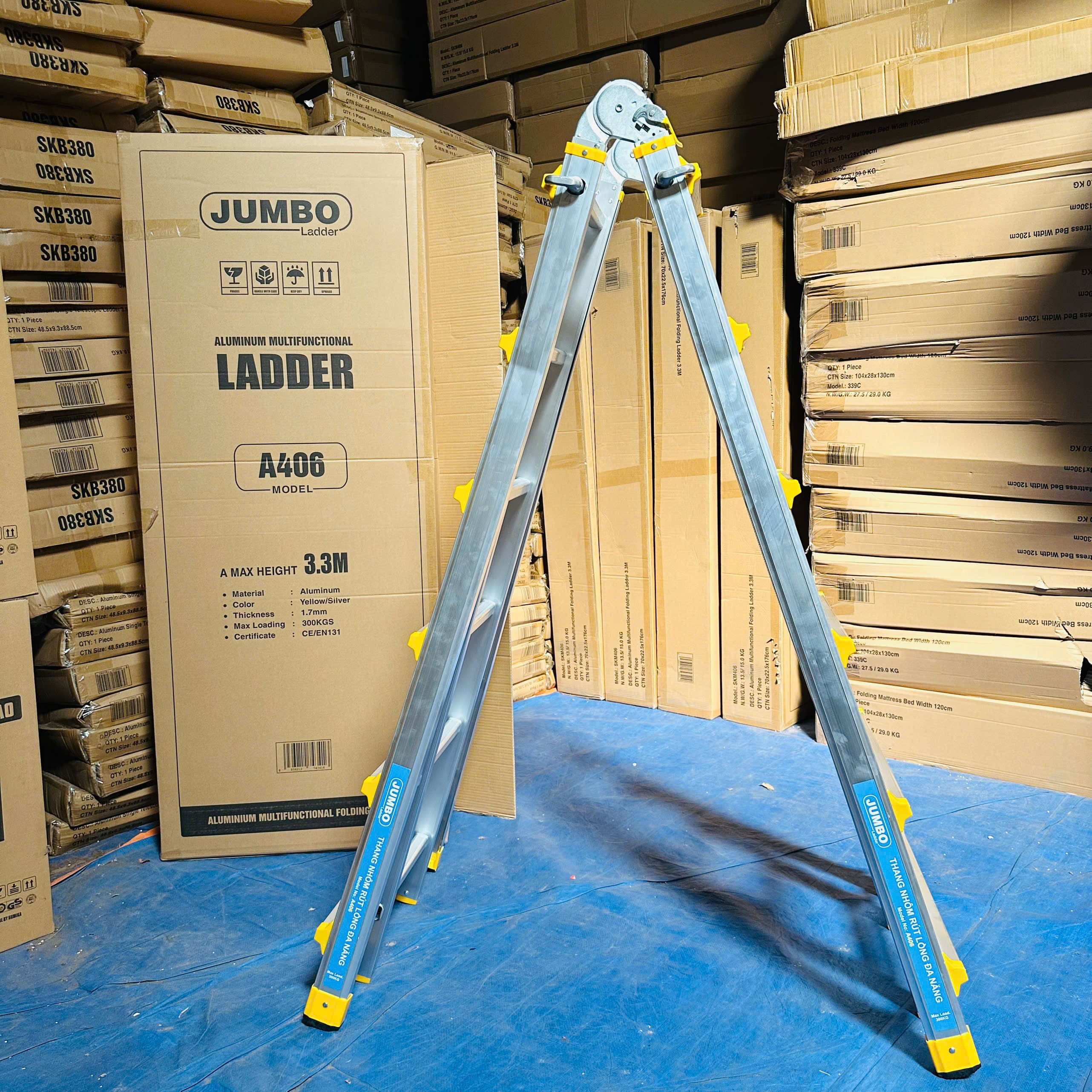 Thang Nhôm Rút Lồng Chữ A JUMBO A406 – 2x11 Bậc, A Cao 3.15m, I 6.3m, Tải 300kg