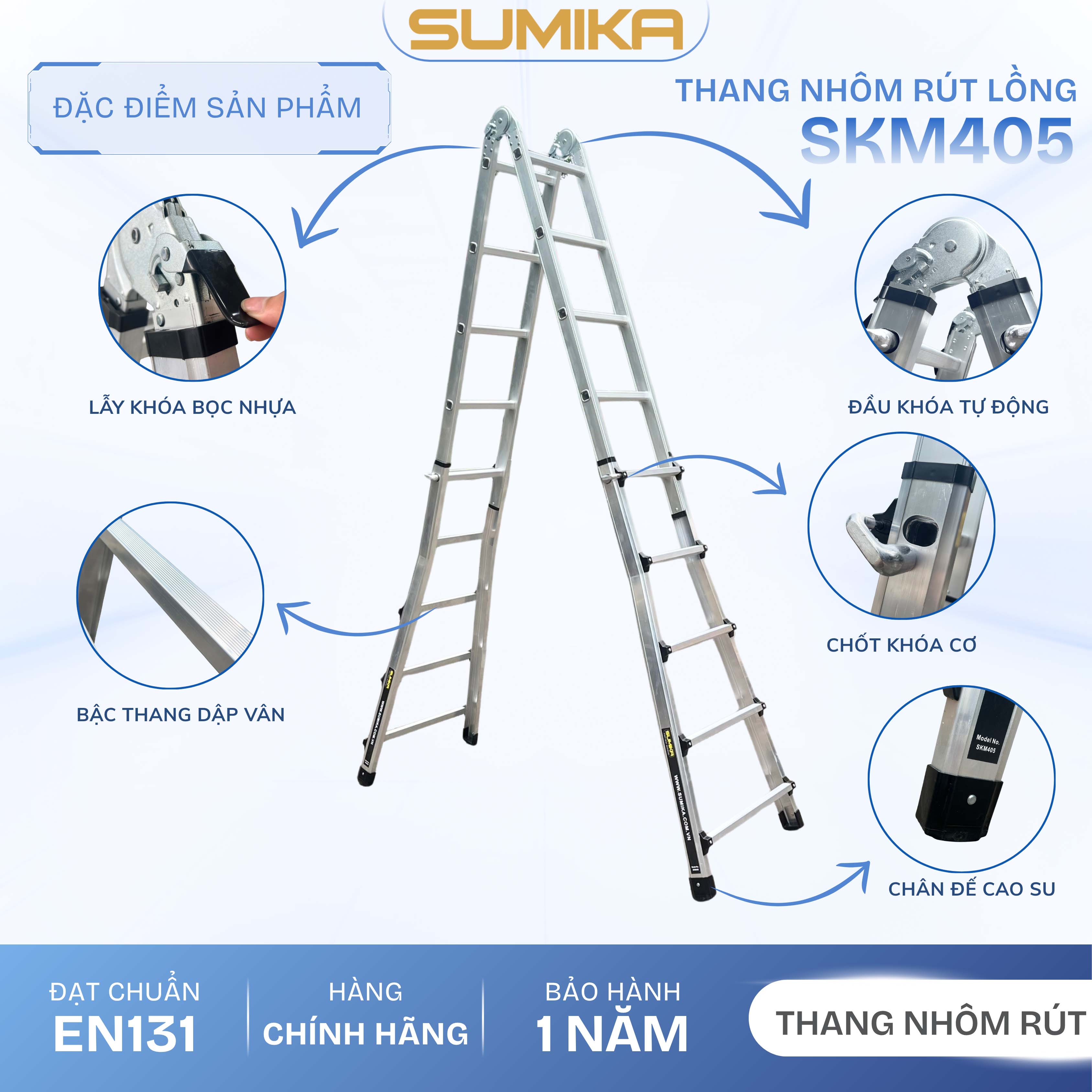 Thang Nhôm Rút Lồng Chữ A SUMIKA SKM405 - Chữ A Cao 2.5m, Tải 300kg