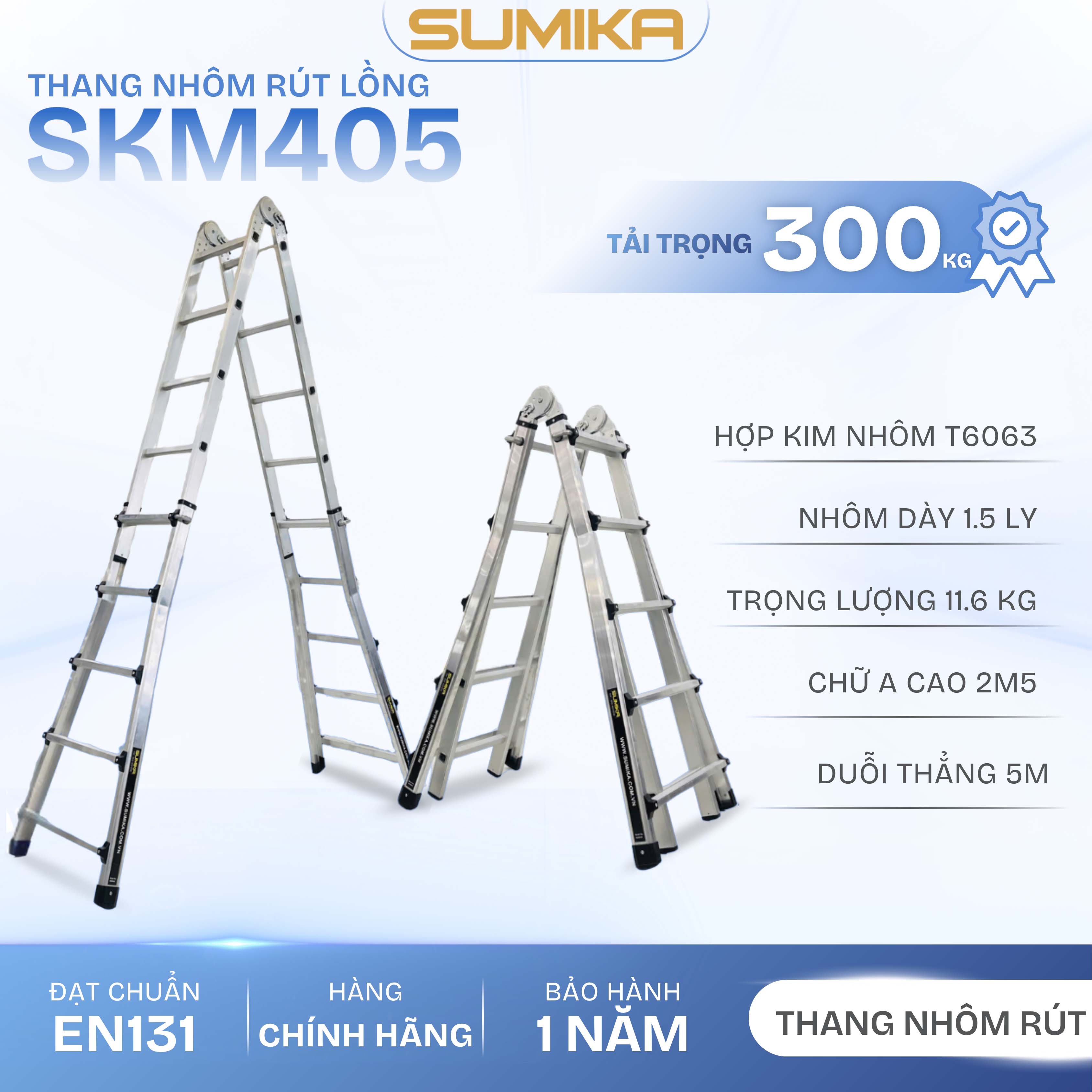 Thang Nhôm Rút Lồng Chữ A SUMIKA SKM405 - Chữ A Cao 2.5m, Tải 300kg